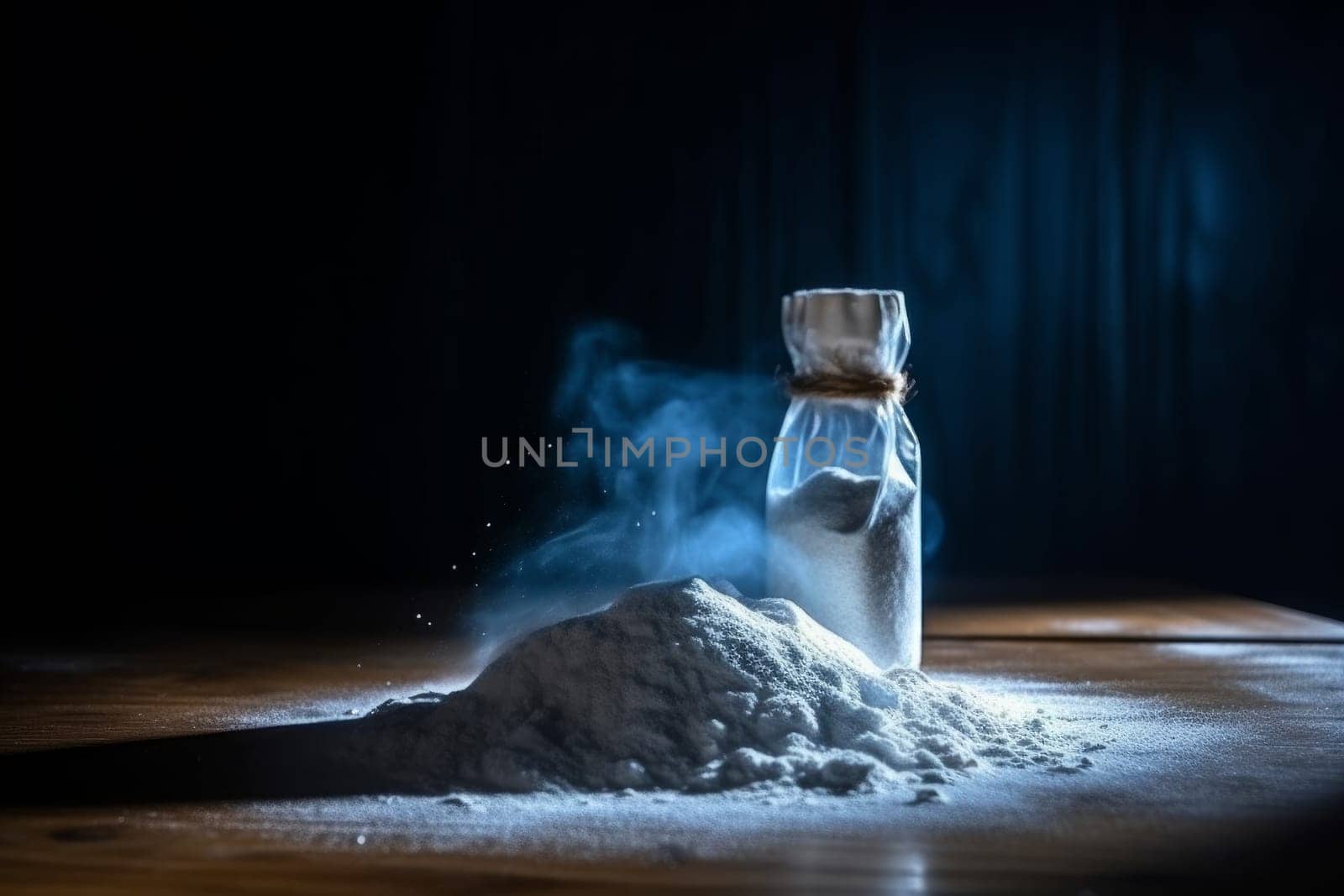 Flour powder near bottle. White culinary. Generate Ai