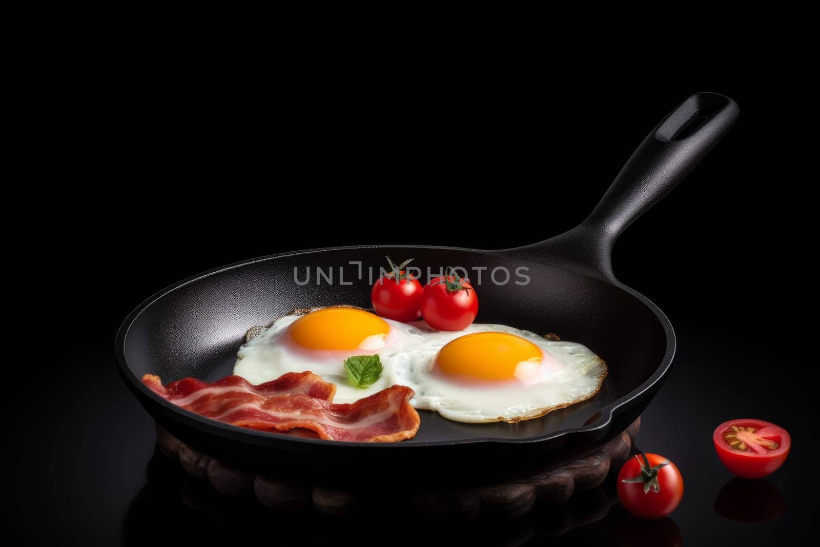 Frying pan eggs with tomatoes. Bacon top food. Generate Ai