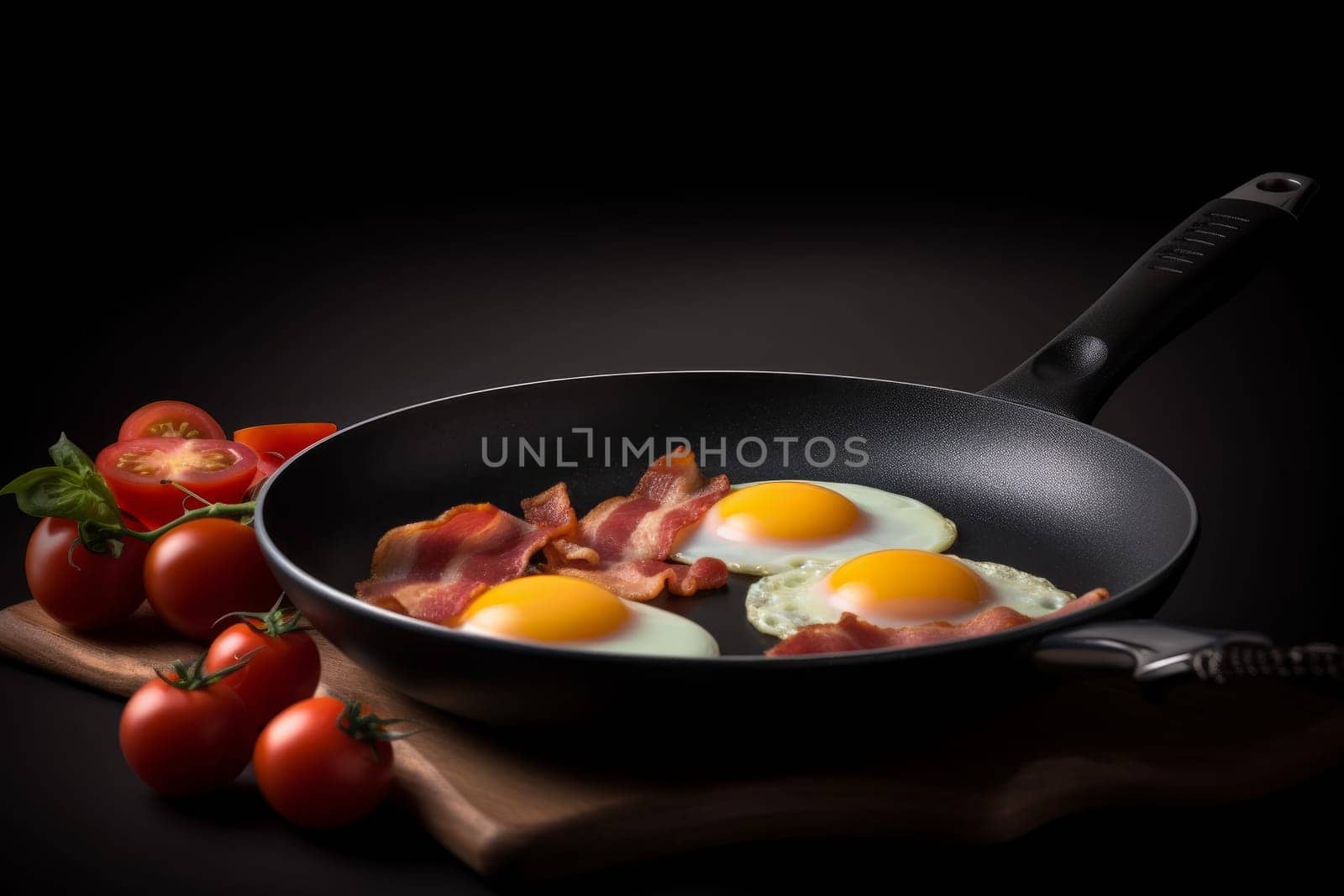 Fried egg with bacon meat. Top bread farm. Generate Ai