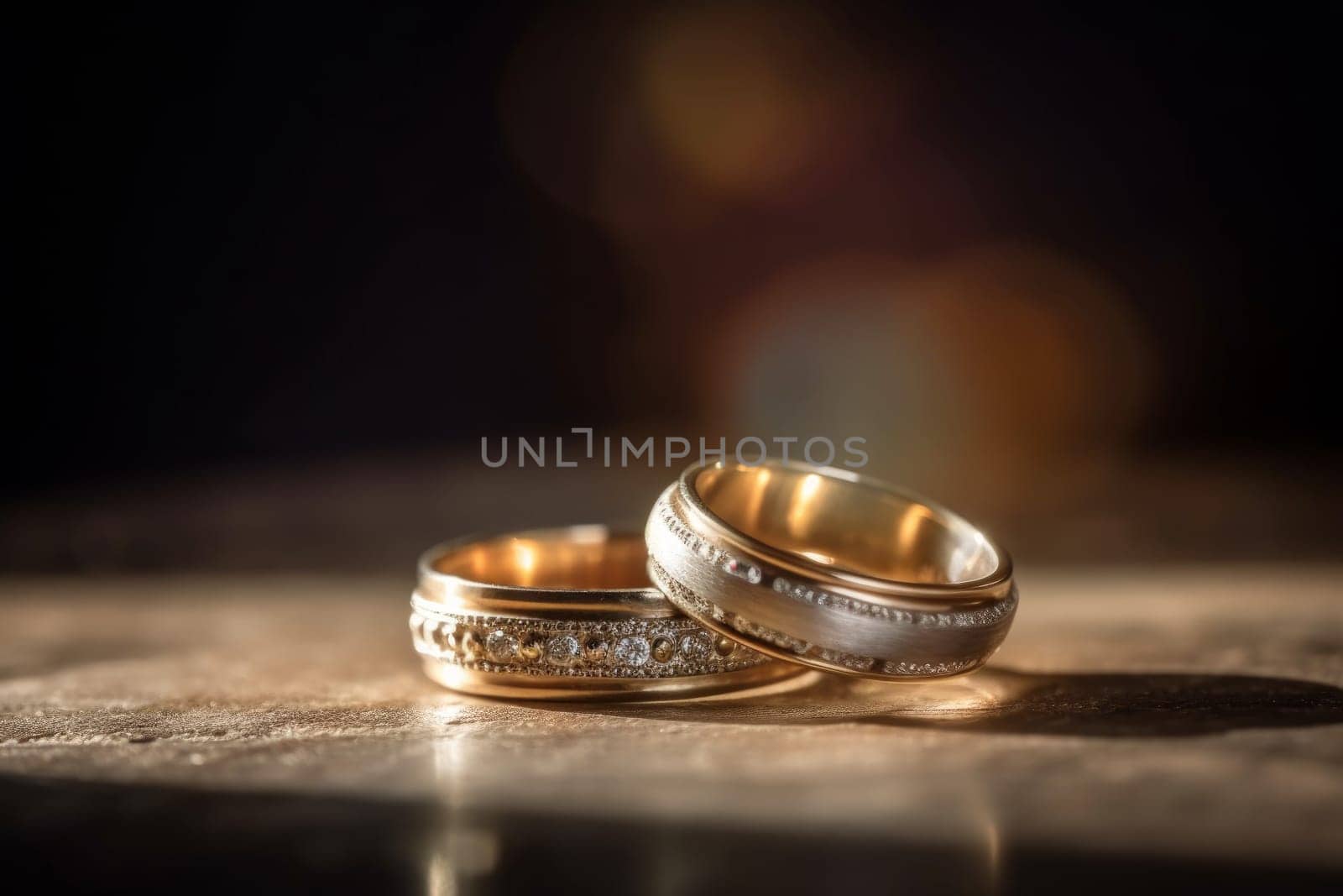 Gold wedding bands on table. Card design. Generate Ai