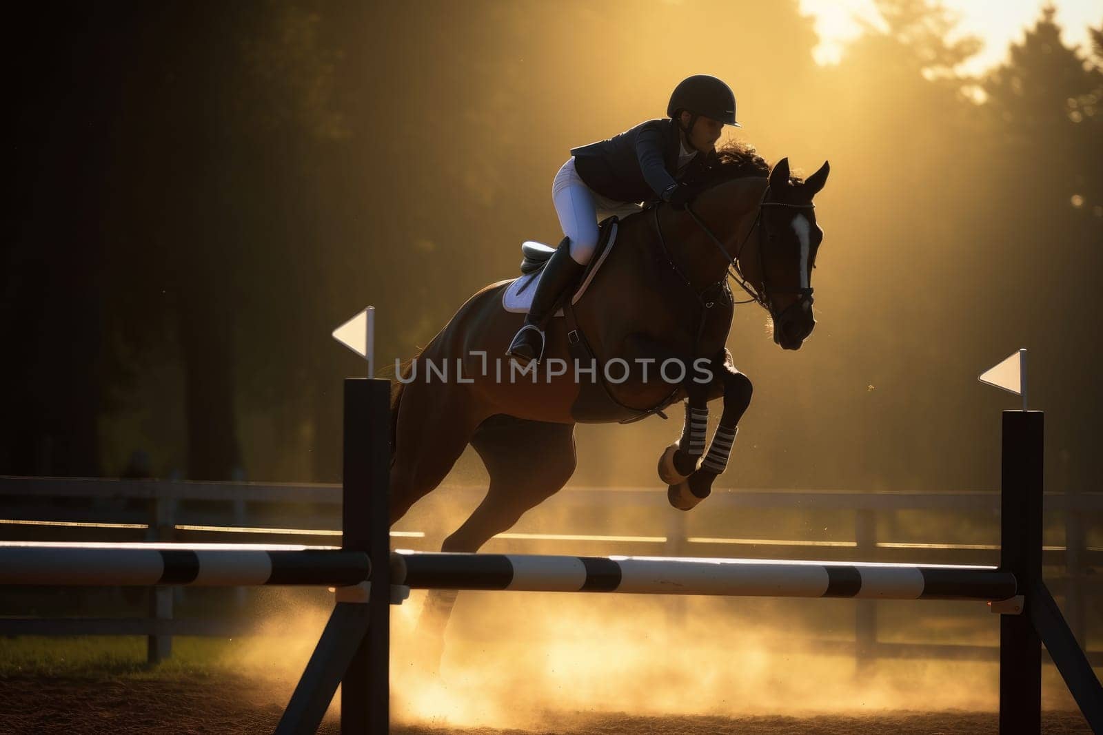 Horse jumping. Rider sport show. Fictional person. Generate Ai
