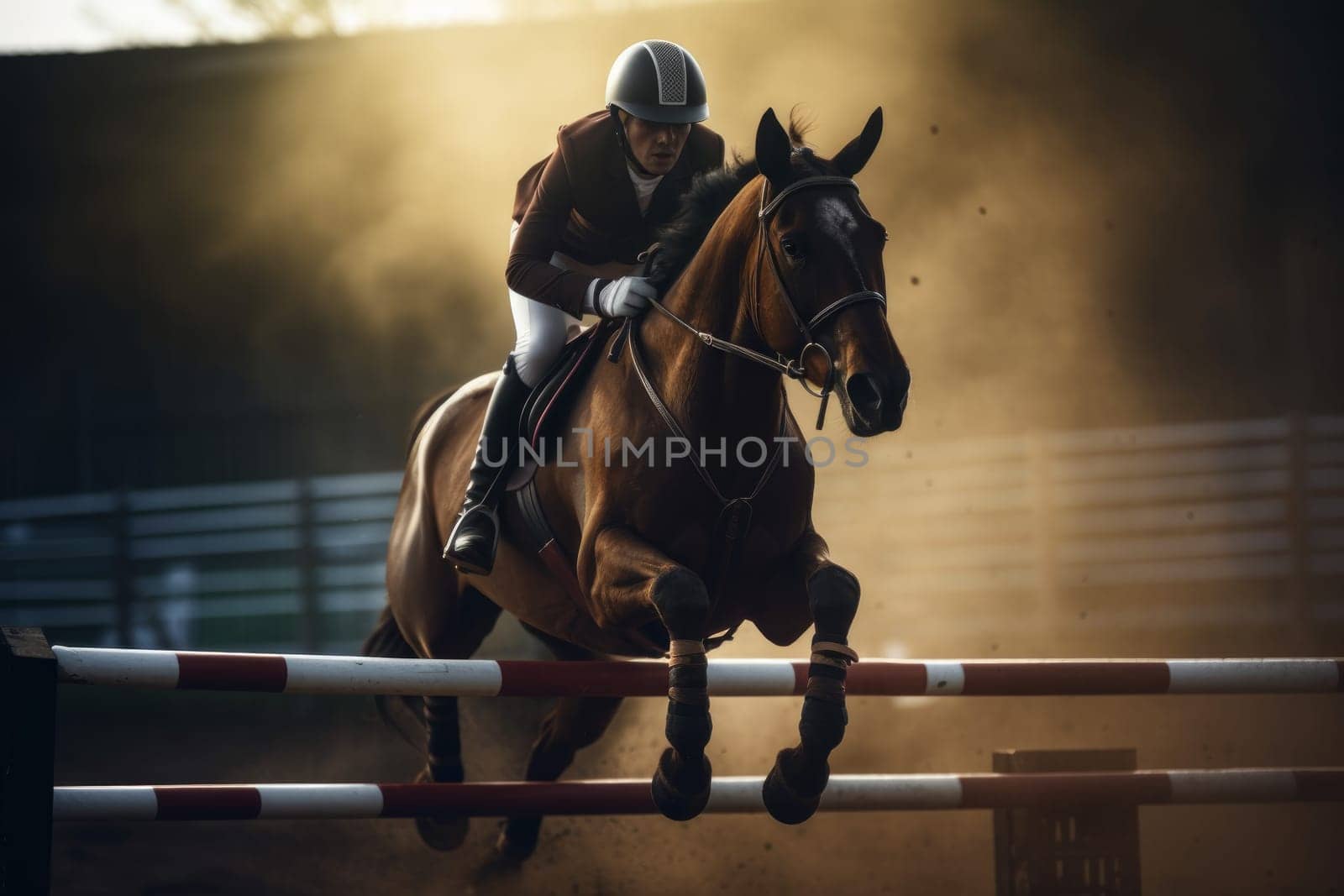 Horse racing jumping. Rider sport. Fictional person. Generate Ai