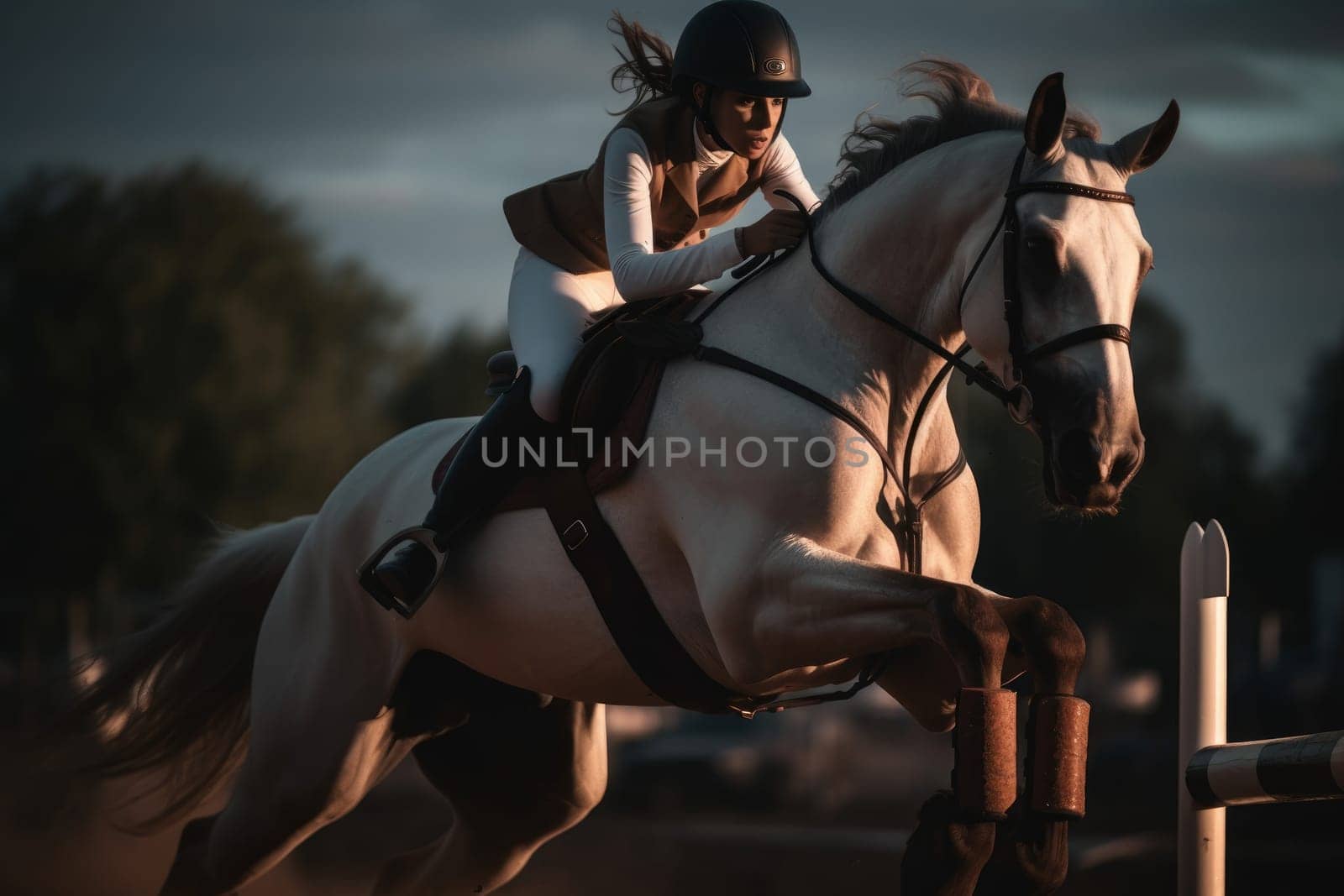 Horse jumping training show. Active show. Fictional person. Generate Ai