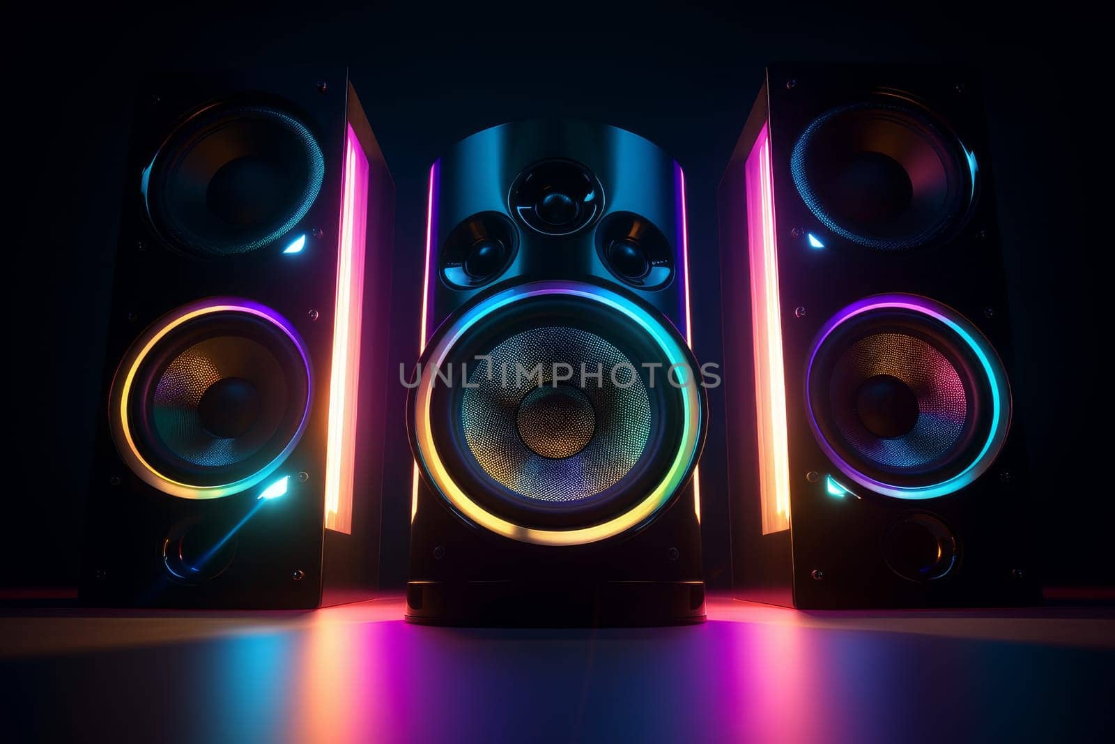 Neon stereo speakers. Party digital. Generate Ai