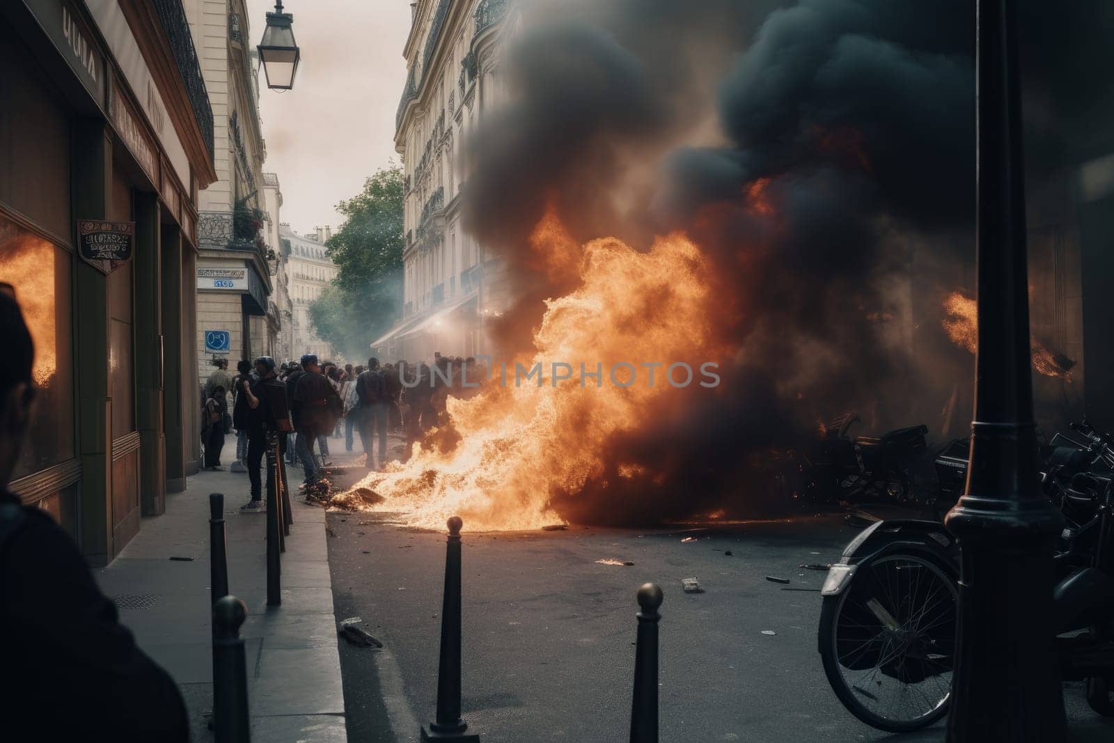Paris demonstration fire. Generate Ai by ylivdesign
