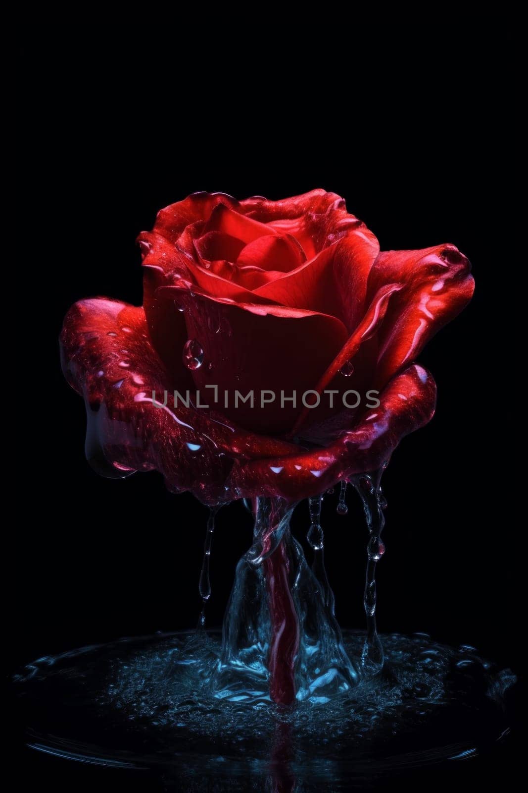 Red rose flower water splash. Dark art. Generate Ai