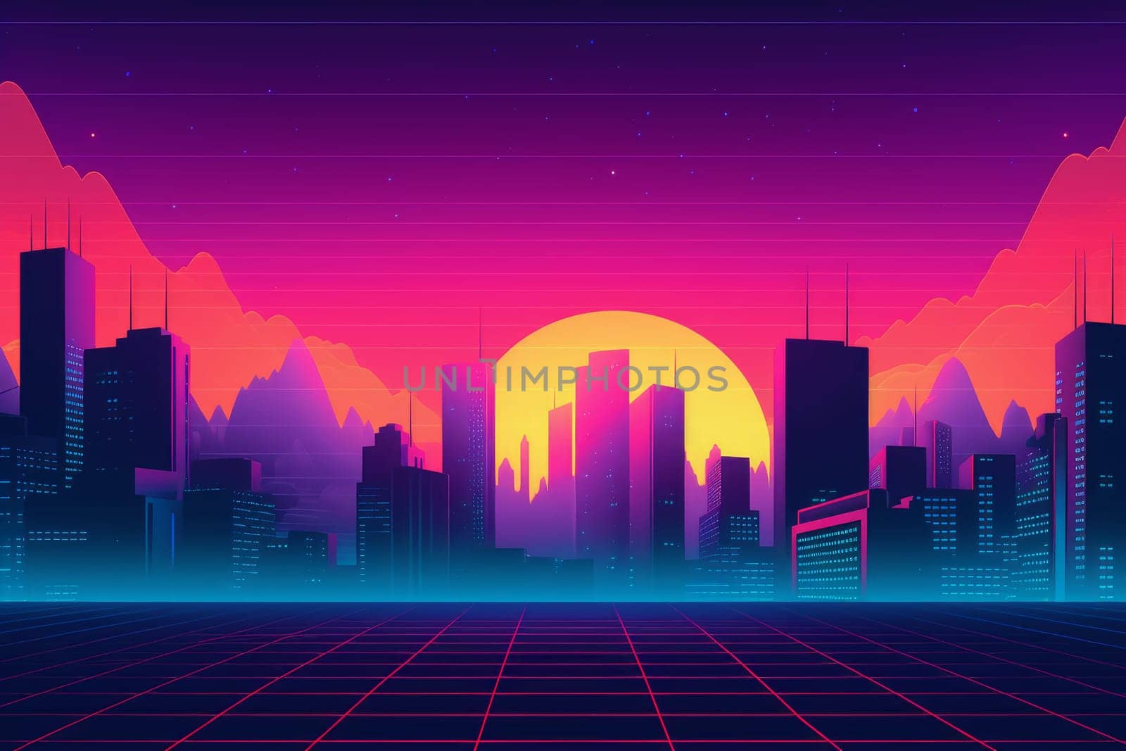 Retro grid city sunset. Space cityscape. Generate Ai