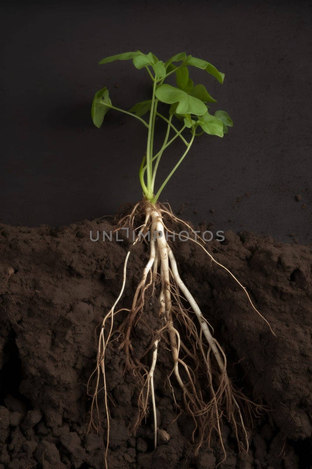 Seeding showing roots earth. New root. Generate Ai