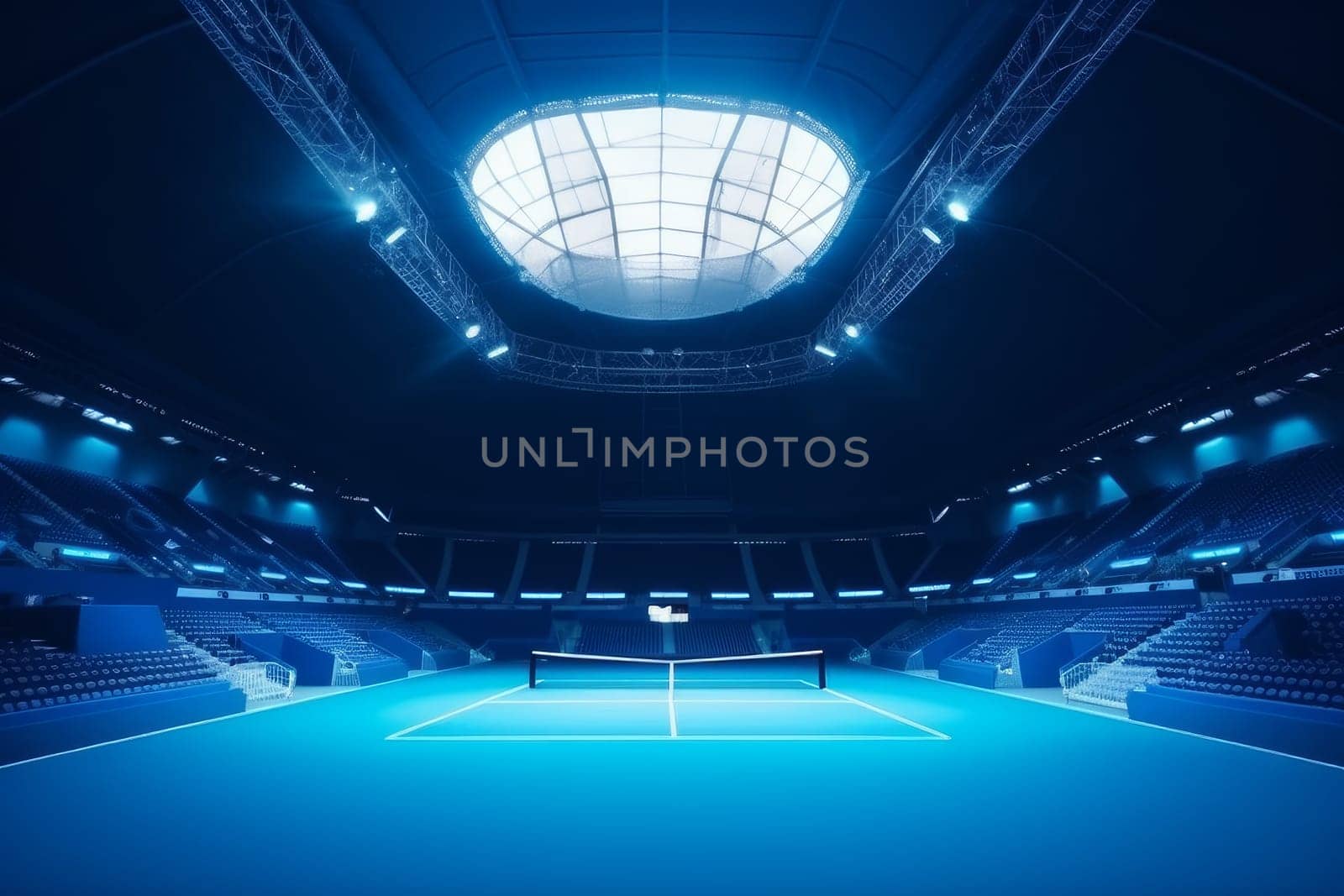 Blue tennis court. Floor view. Generate Ai