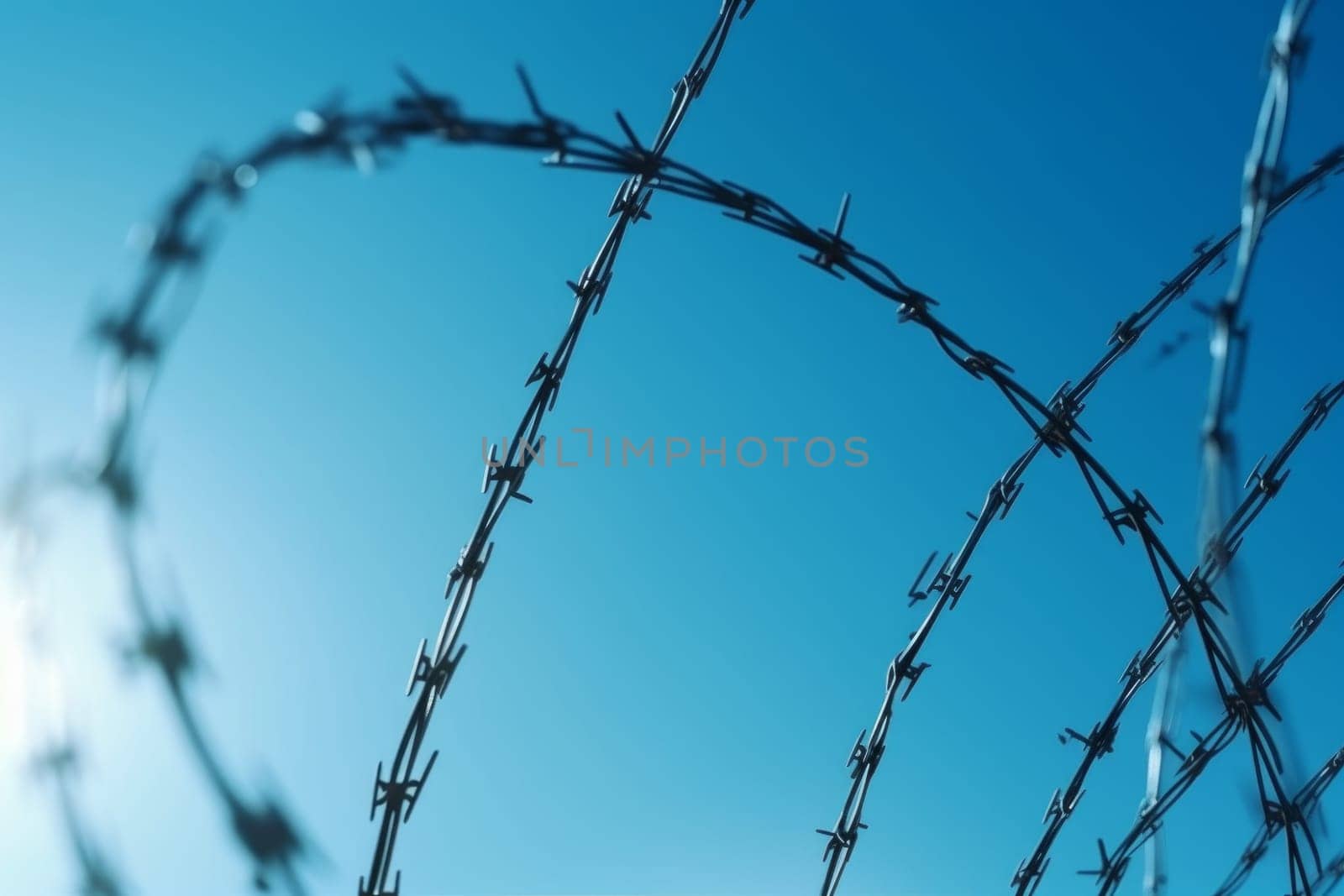 Wire fence blue sky. Metal protection. Generate Ai
