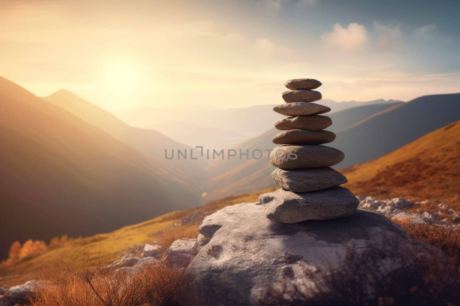 Zen stones in mountains. Sun beauty. Generate Ai
