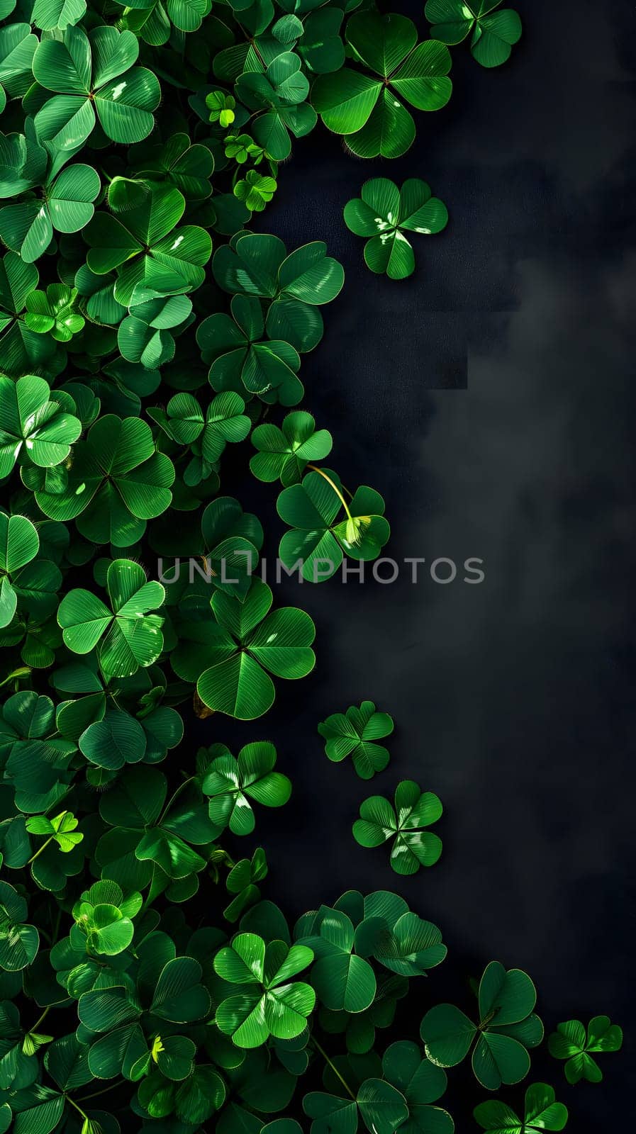 Clover with black background for St. Patricks day. Neural network generated image. Not based on any actual scene or pattern.