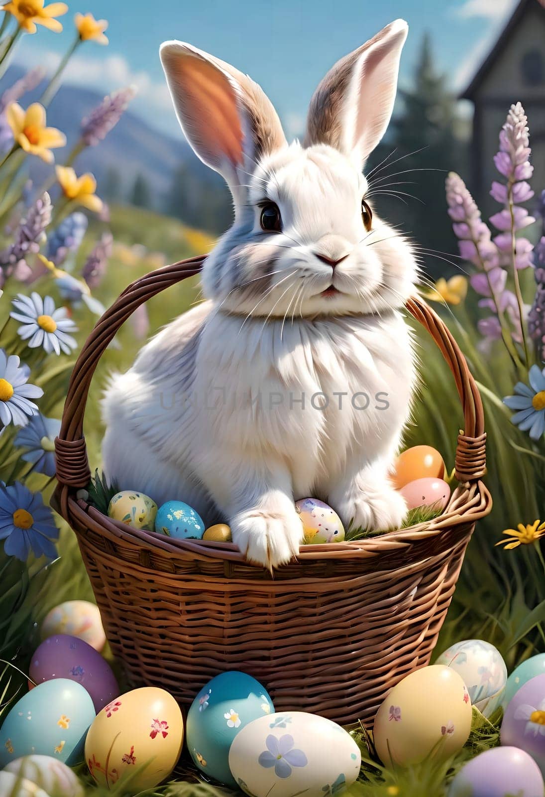 White bunny with Easter eggs in nature. AI generated image.