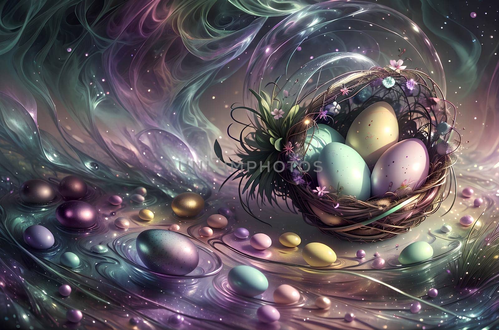 Easter card with painted colored eggs. Abstract background. AI generated image.