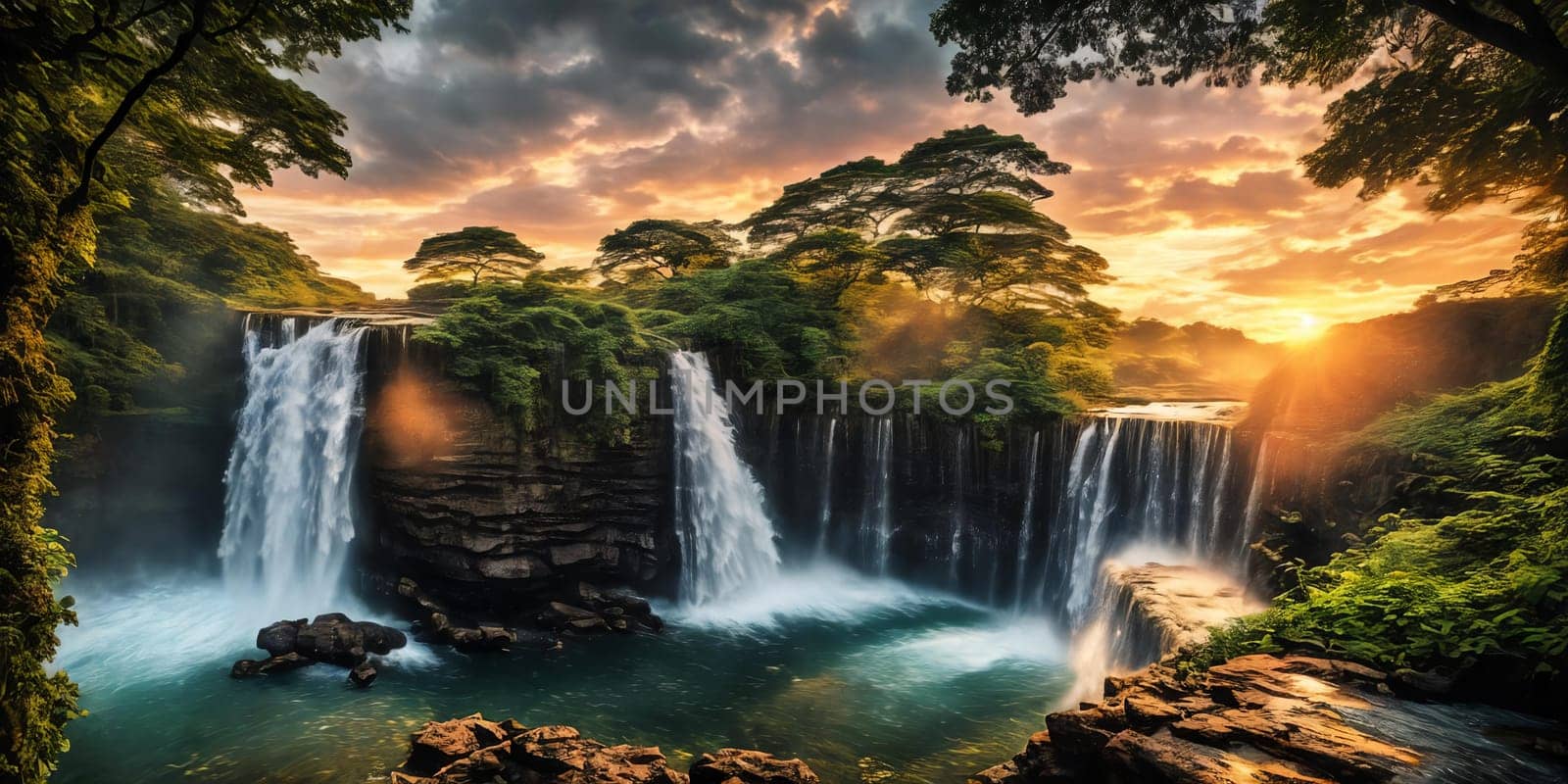 Fantasy landscape with waterfall at sunset, panorama.