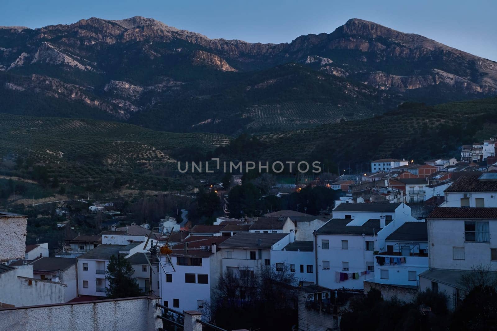 White houses in the mountains at sunset. Quesada. Jaen. Andalusia. Spain. Iberian Island