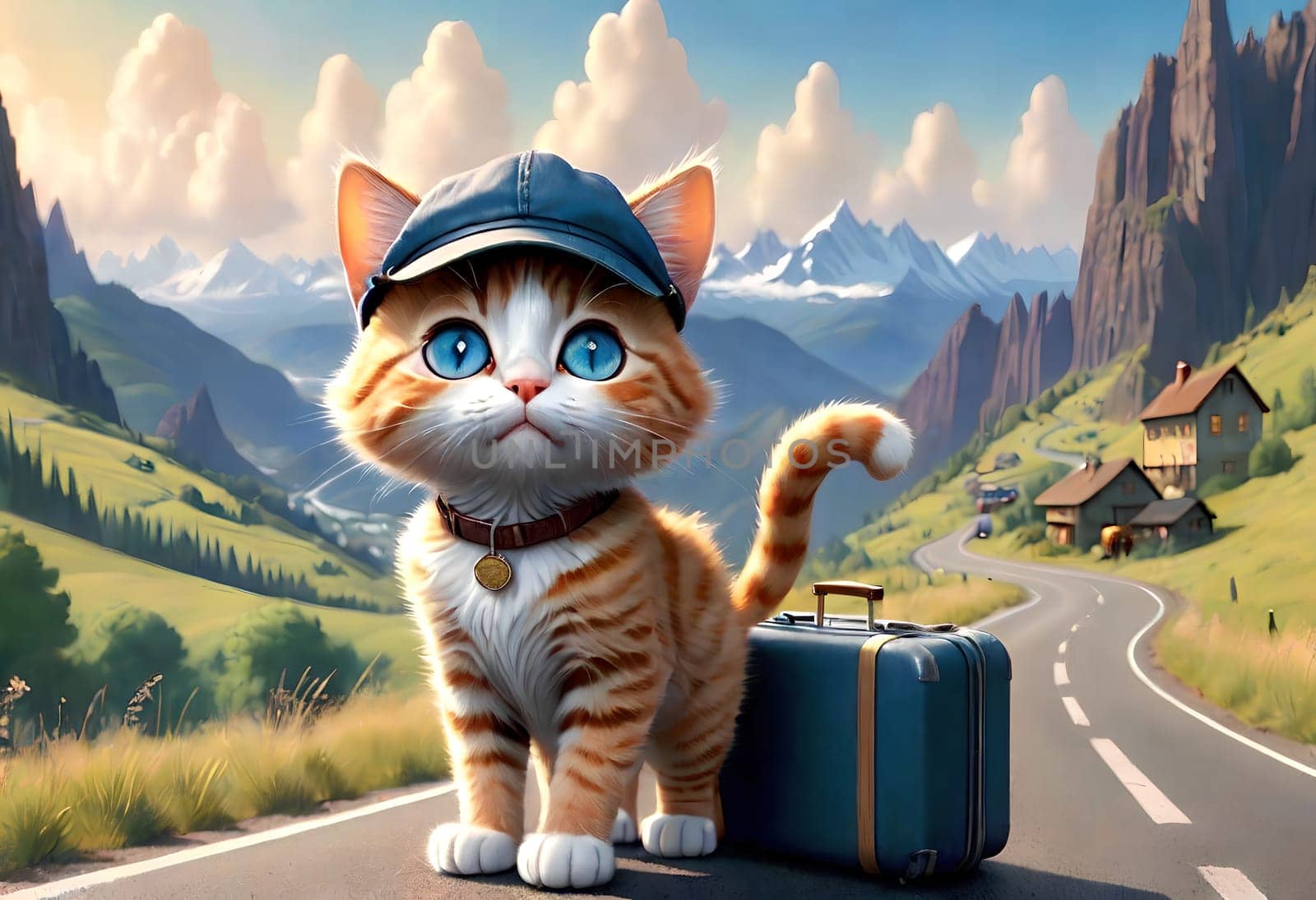 A beautiful young cat with suitcases stands on the road, the cat is a traveler. by Rawlik