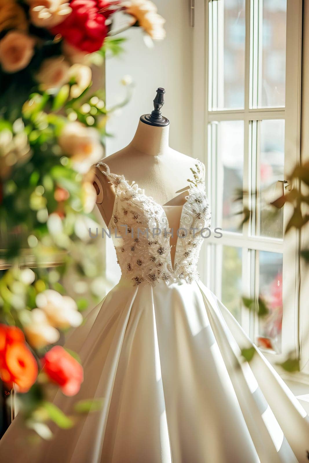 In a beautiful bright salon, on a mannequin there is a beautiful white satin long wedding dress, embroidered with beads.