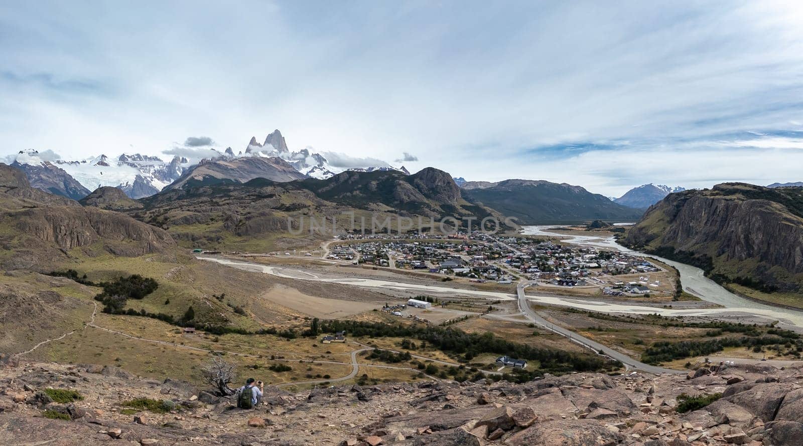 Majestic Fitz Roy Massif and Cerro Torres Peaks in Patagonia with El chalten village