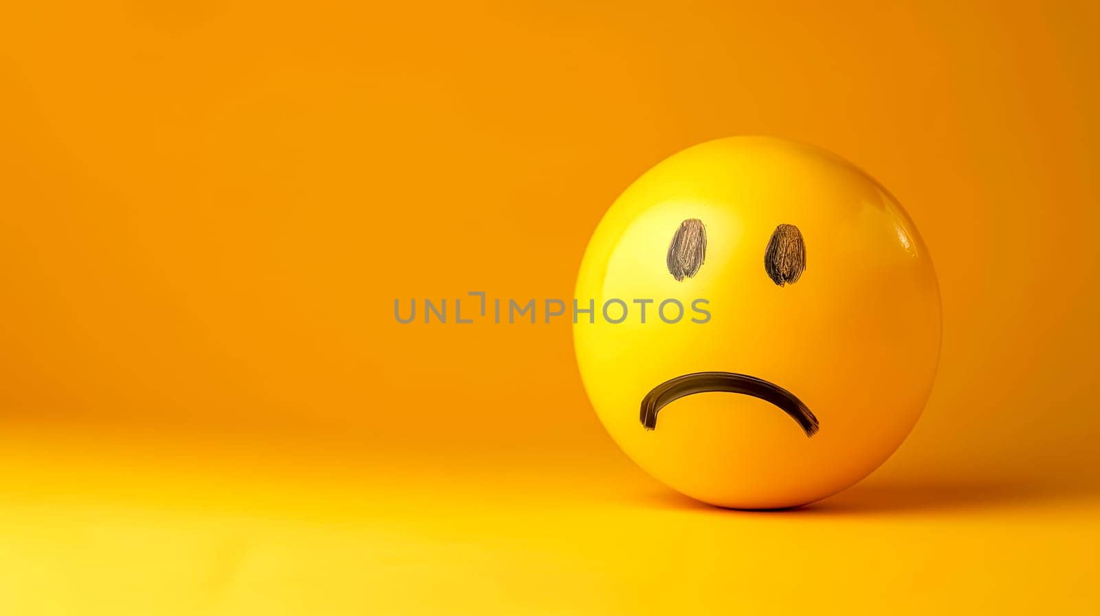 Sad Face Emoji on Yellow Background, copy space