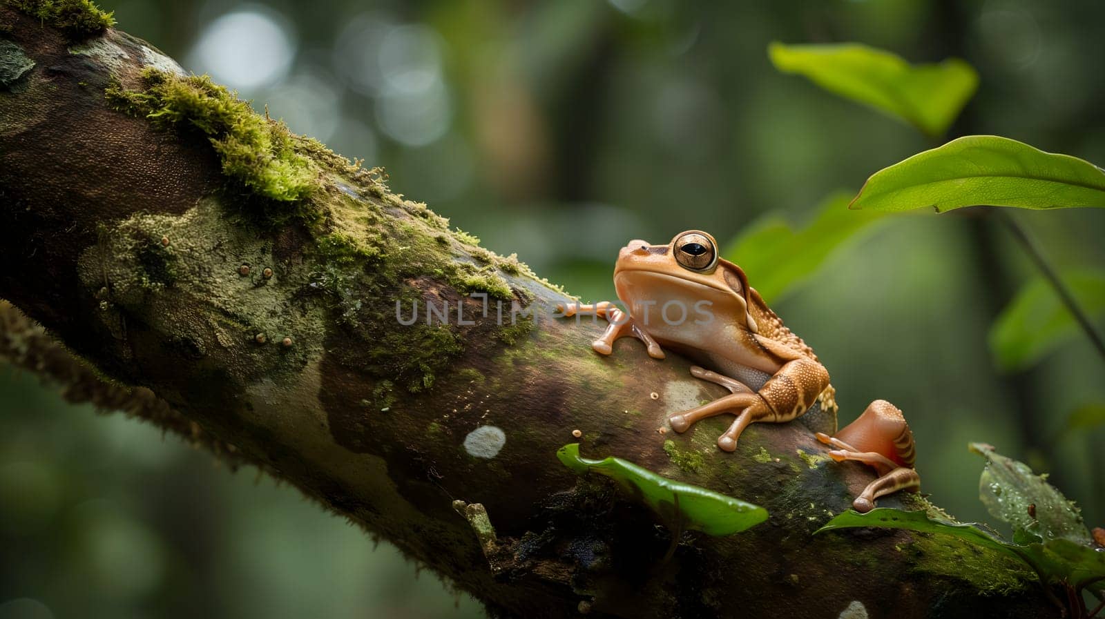 A frog resting on a tree branch in dense jungles. Neural network generated image. Not based on any actual scene or pattern.