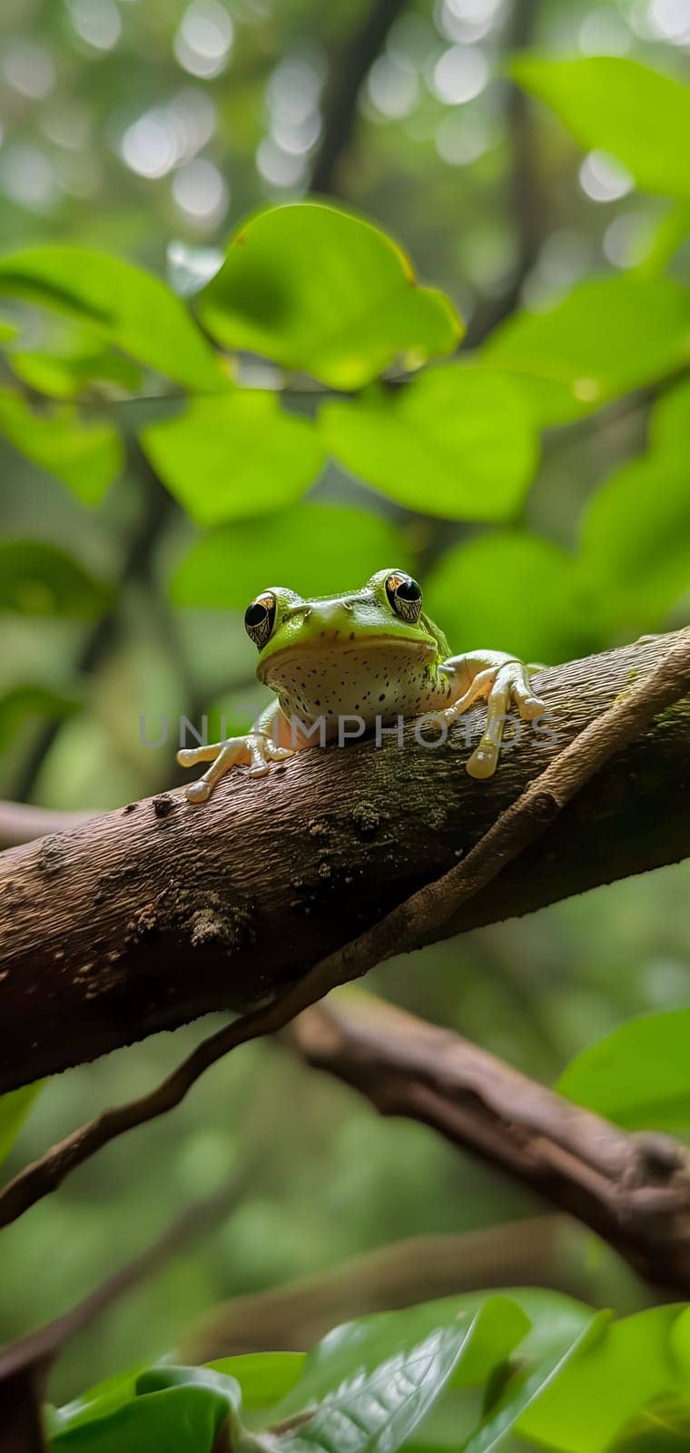 A frog resting on a tree branch in dense jungles. Neural network generated image. Not based on any actual scene or pattern.