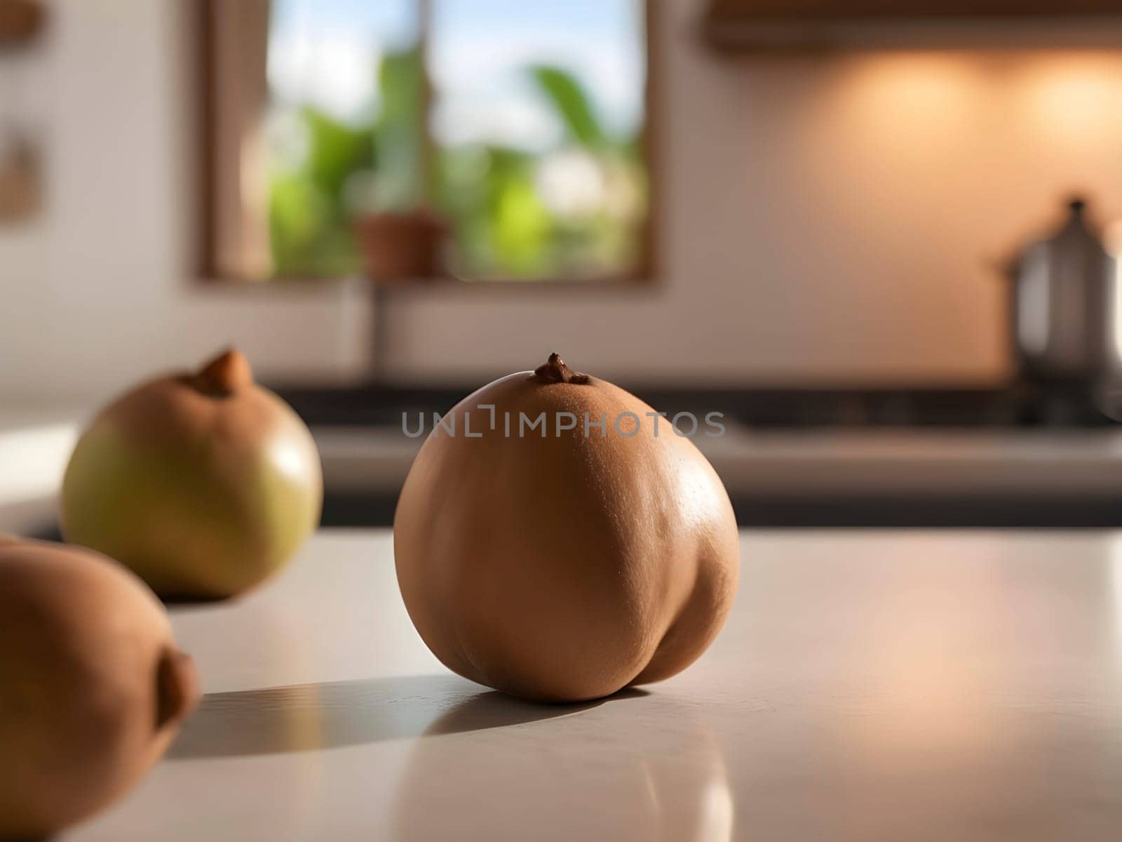 Golden Hour Delight: Sapodilla Fruit in Focus, Kitchen Bathed in Afternoon Warmth.