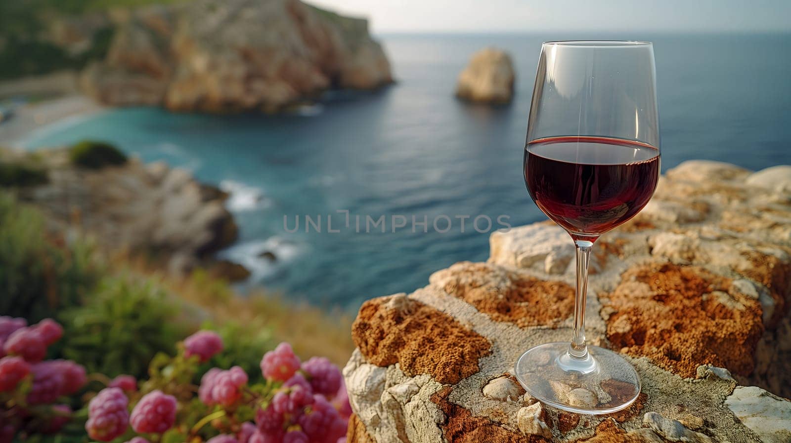 A glass of red wine on a stone wall, sea background, realistic, selective focus. Neural network generated image. Not based on any actual scene or pattern.