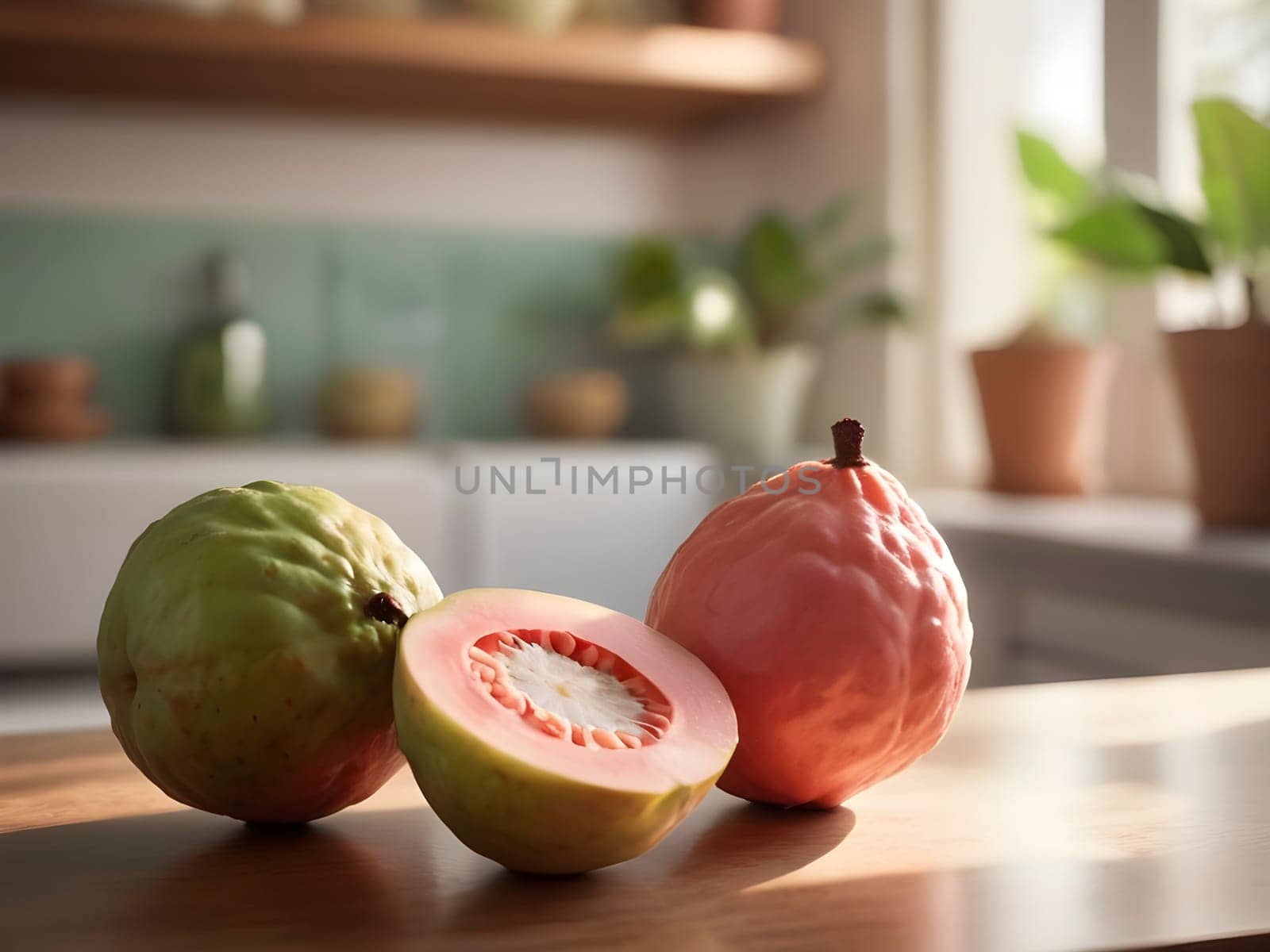 Golden Afternoon Glow: Guava Centerpiece in a Sunlit Kitchen.