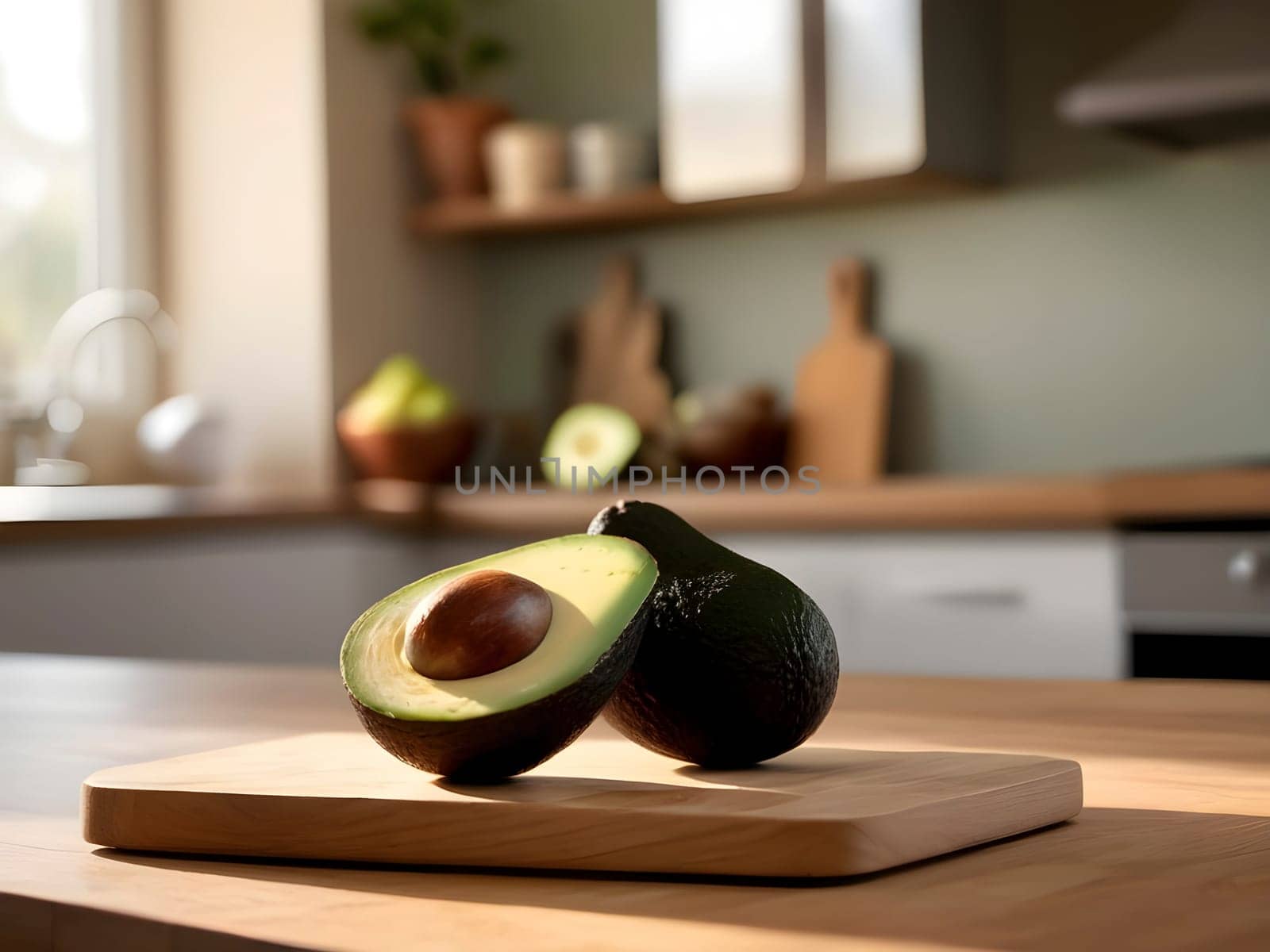 Chic Culinary Scene: Afternoon Sunlight Accentuating Avocado on Wooden Surface by mailos