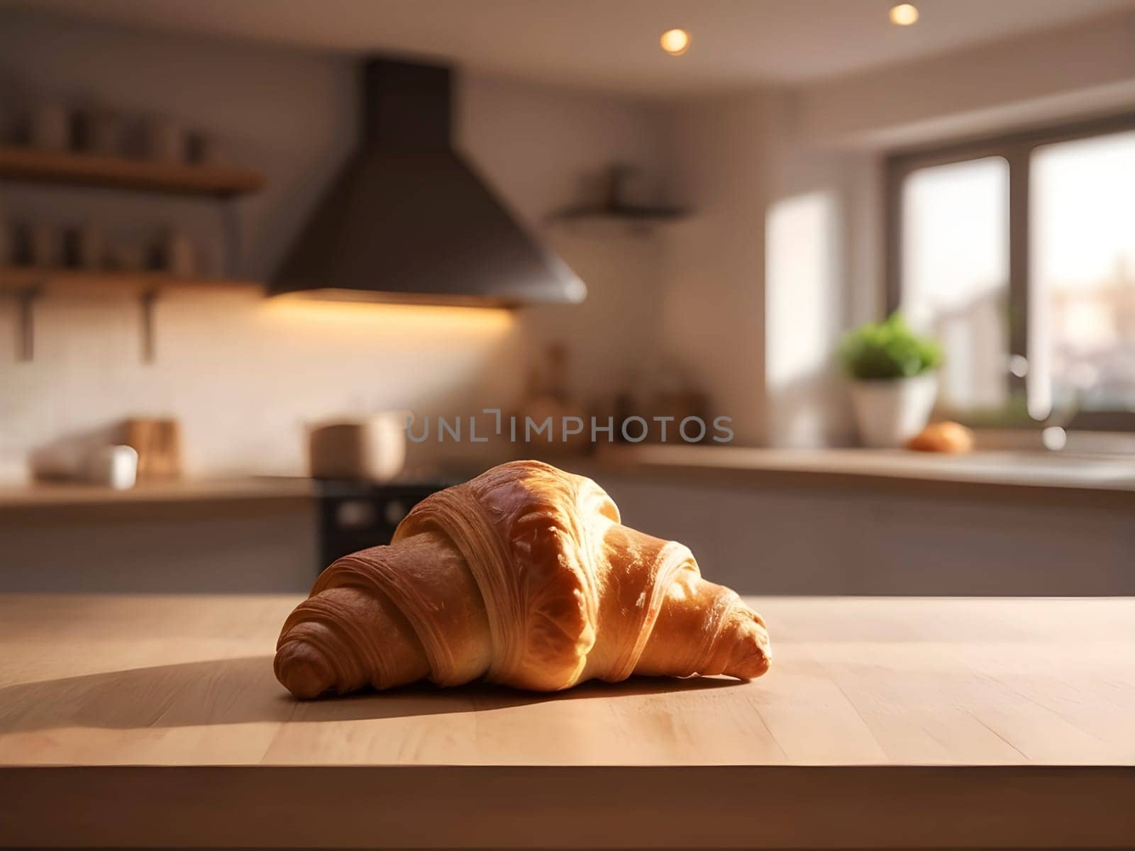 Golden Glow: Croissant in Focus, Kitchen Bathed in Afternoon Warmth by mailos