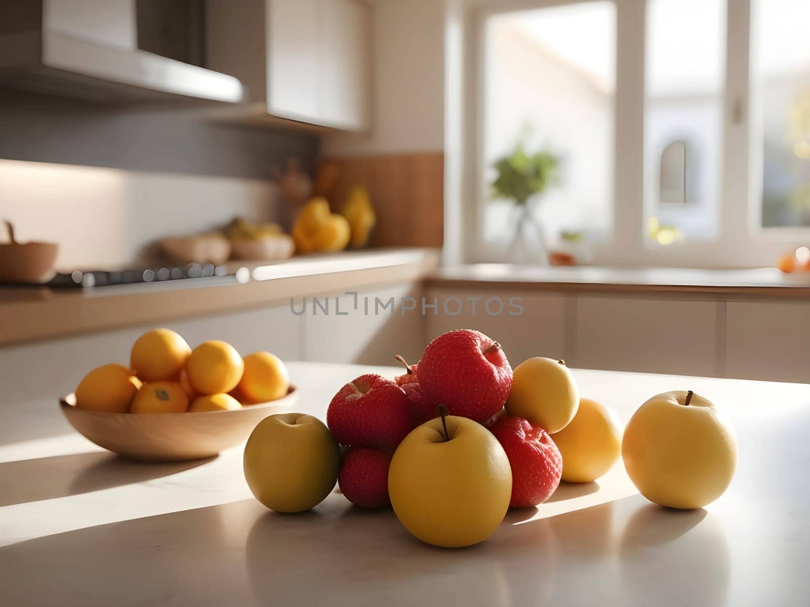 Warm Ambiance: Giaca Fruit Spotlight in a Sunlit, Defocused Kitchen Scene by mailos
