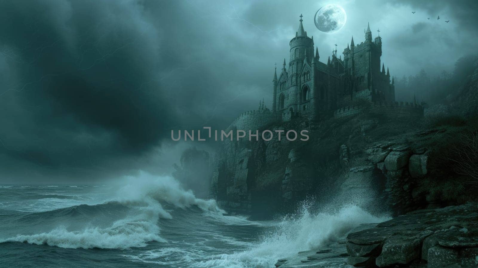 A medieval castle on a misty cliff, overlooking a turbulent sea, under a full moon. Resplendent.