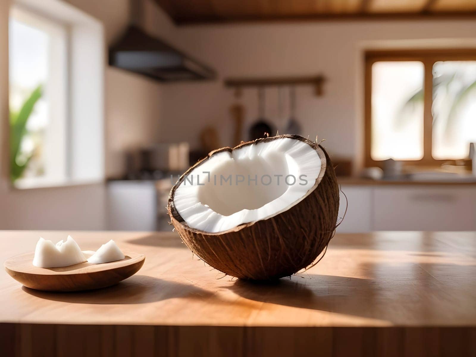 Coconut Serenity: Afternoon Glow on a Wooden Board in a Kitchen Setting by mailos