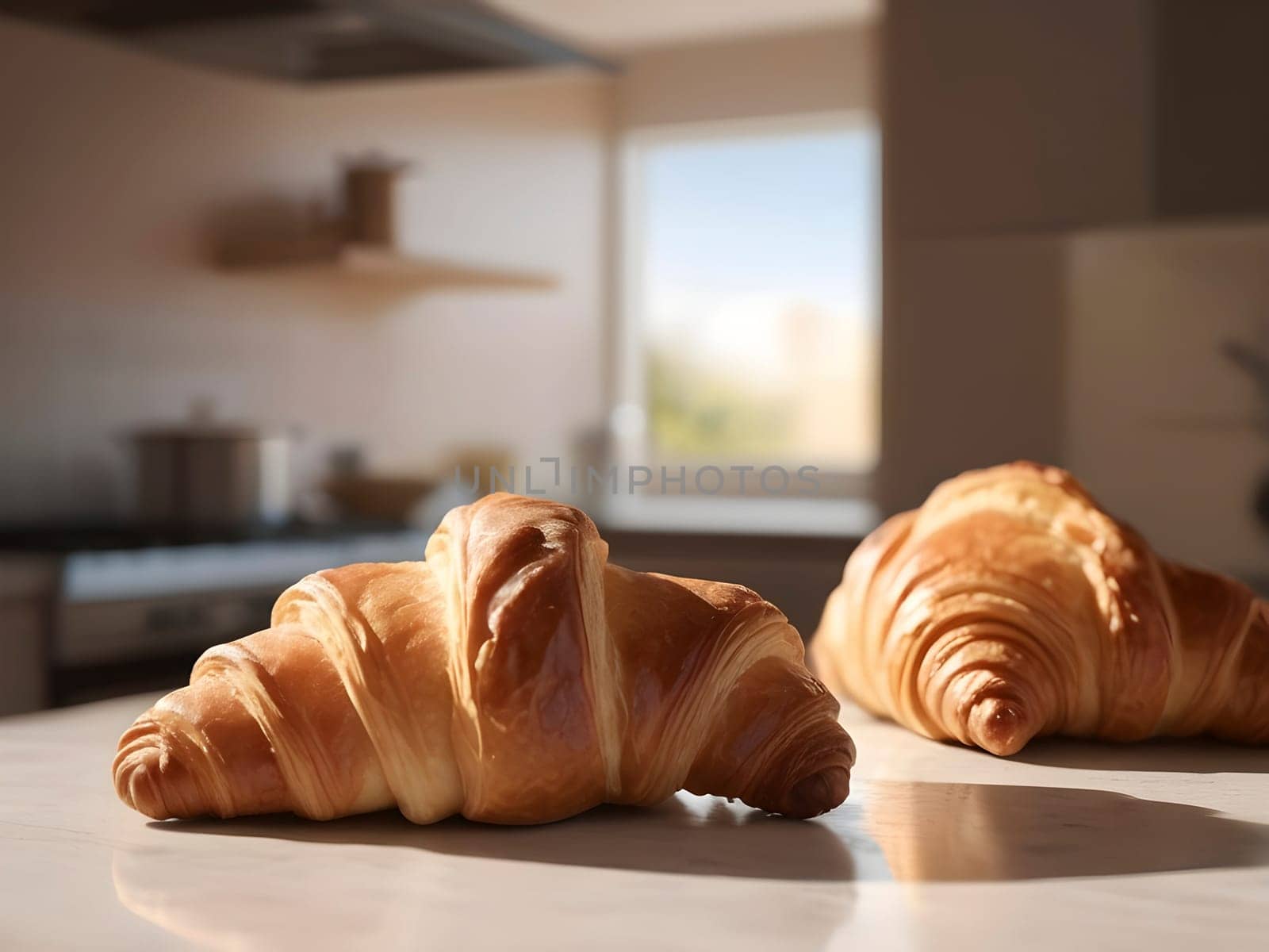Warm Ambiance: Croissant Centerstage in a Softly Lit Afternoon Kitchen.
