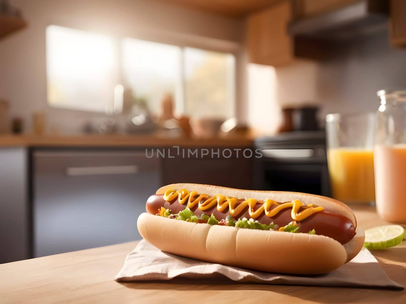 Afternoon Warmth: A Defocused Kitchen Bathed in Light, Framing a Tempting Hot Dog.