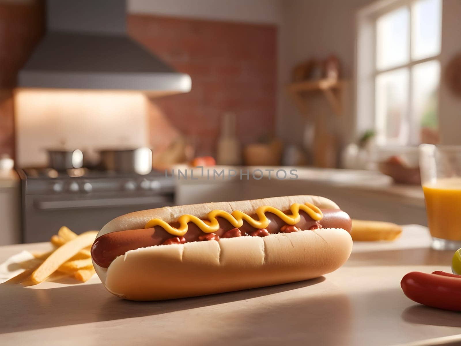 Sizzling Delight: Hot Dog Centerstage in a Sunlit, Cozy Kitchen by mailos