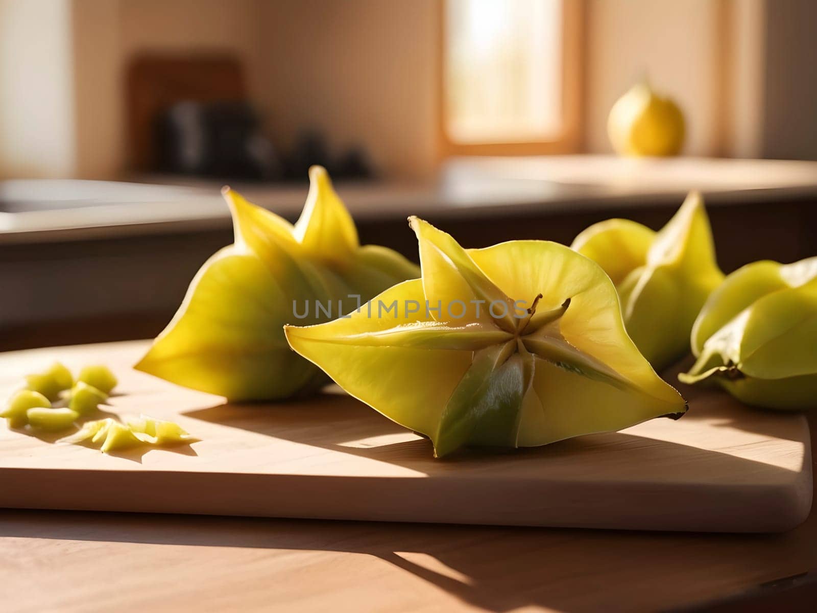 Golden Hour Delight: Star Fruit on a Wooden Board in a Sunlit Kitchen Scene.