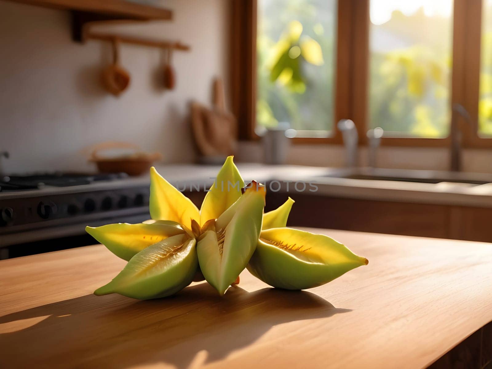 Kitchen Harmony: Afternoon Glow Illuminating Star Fruit on a Rustic Cutting Board by mailos