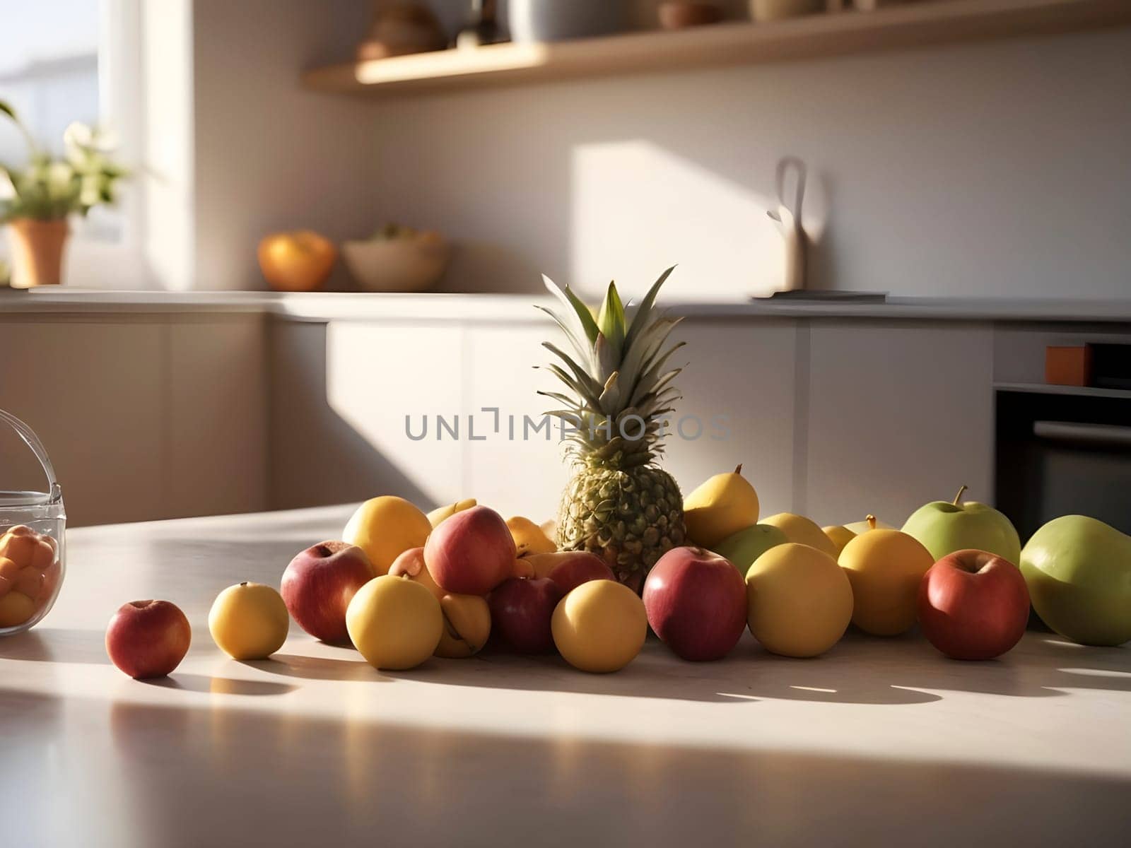 Afternoon Glow: A Welcoming Kitchen Vignette with Giaca Fruit in the Foreground.