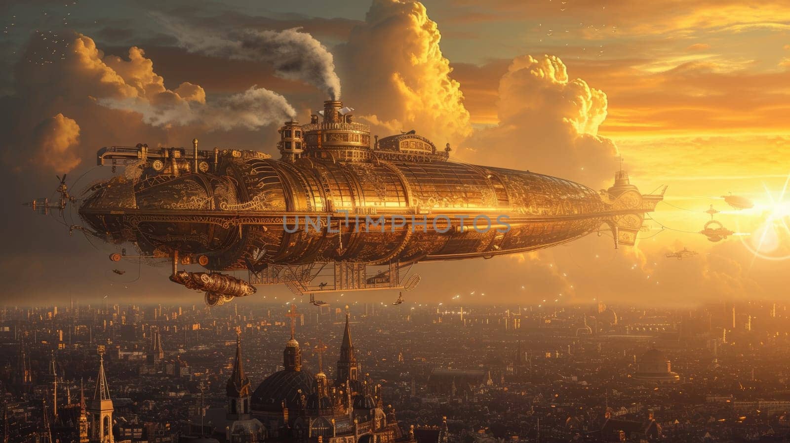 Fantasy steampunk airships float amongst clouds against a dramatic sunset backdrop, evoking adventure and exploration. Resplendent.