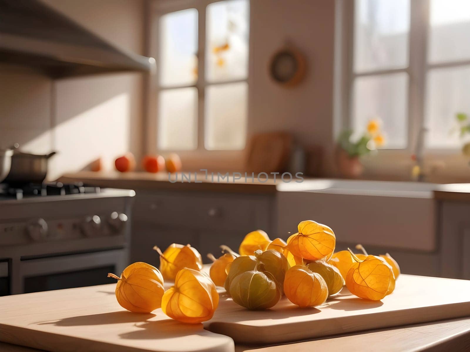Culinary Still Life: Physalis in the Afternoon Light on a Wooden Surface by mailos