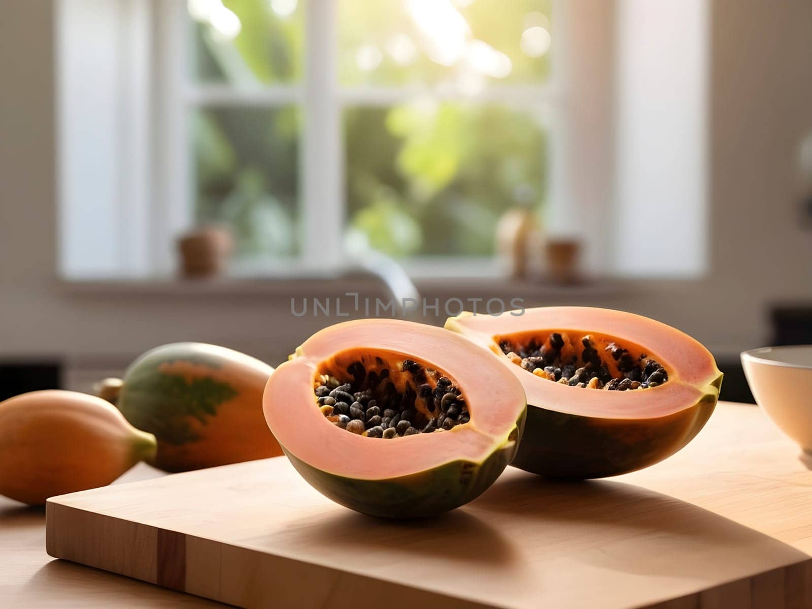 Tropical Tranquility: Afternoon Glow with Papaya on Wooden Cutting Board by mailos