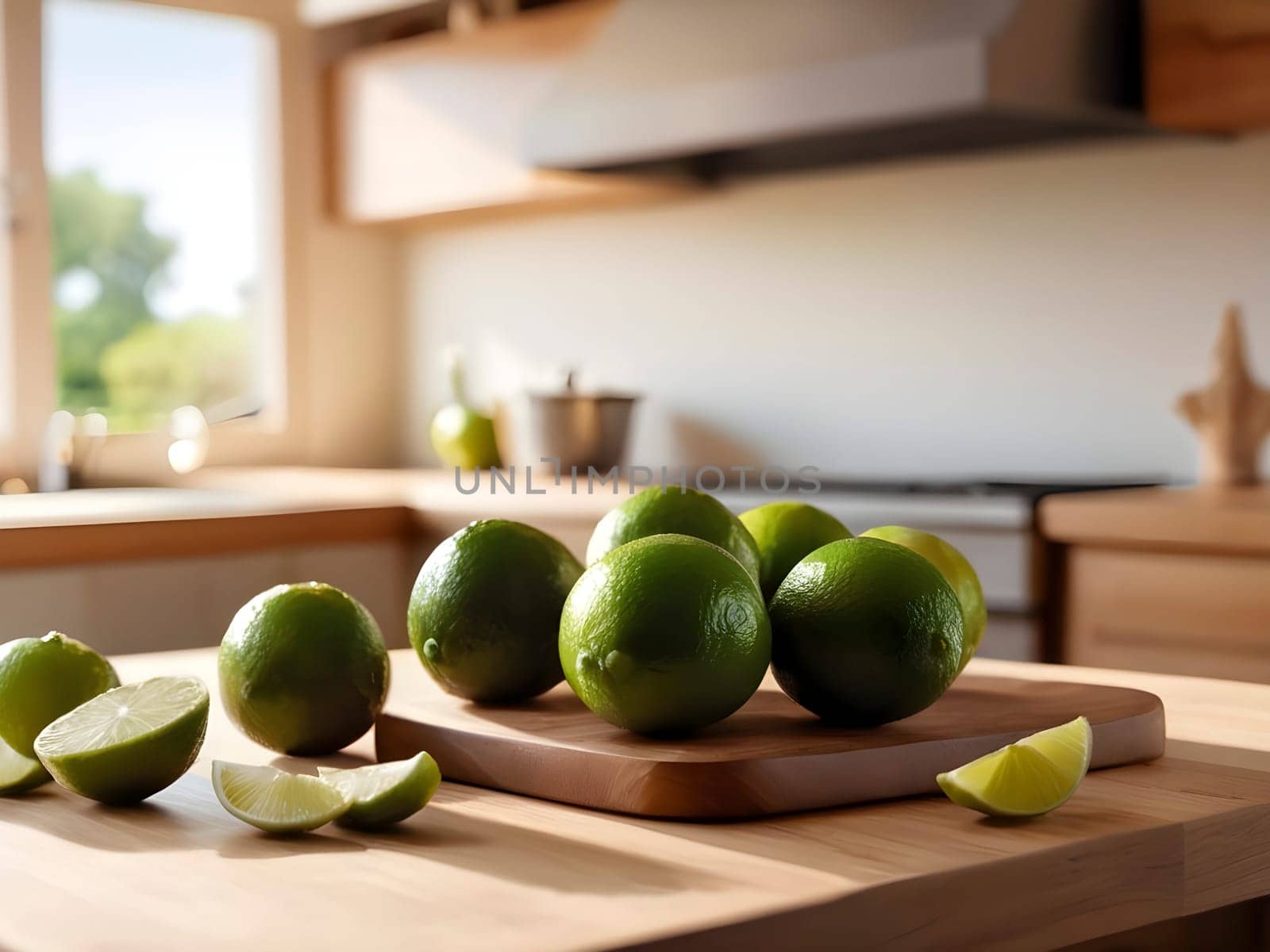 Kitchen Elegance: Limes on Wooden Surface Illuminated by Warm Afternoon Sun.