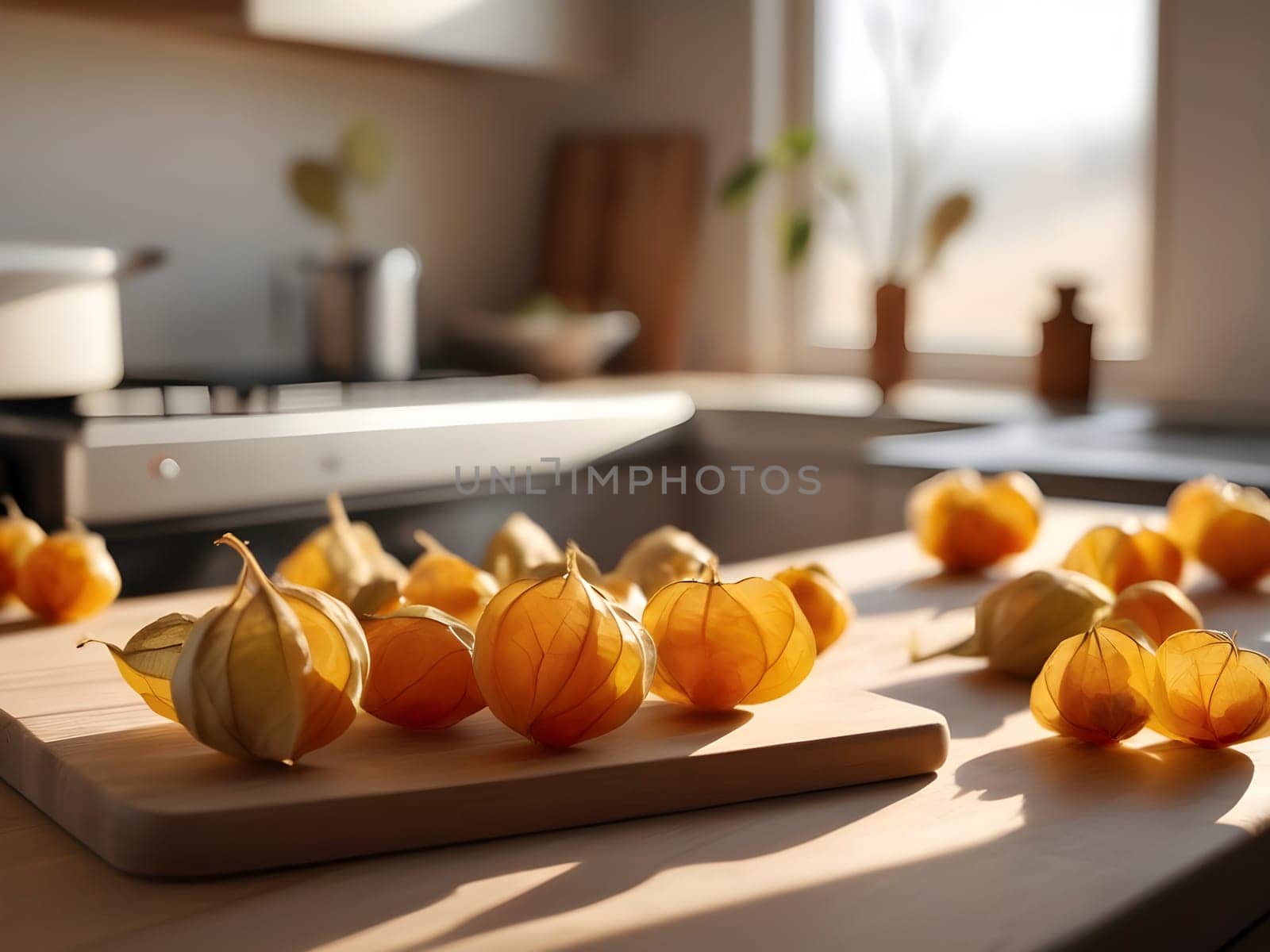 Golden Hour Culinary: Physalis on a Wooden Board in a Sunlit Kitchen.