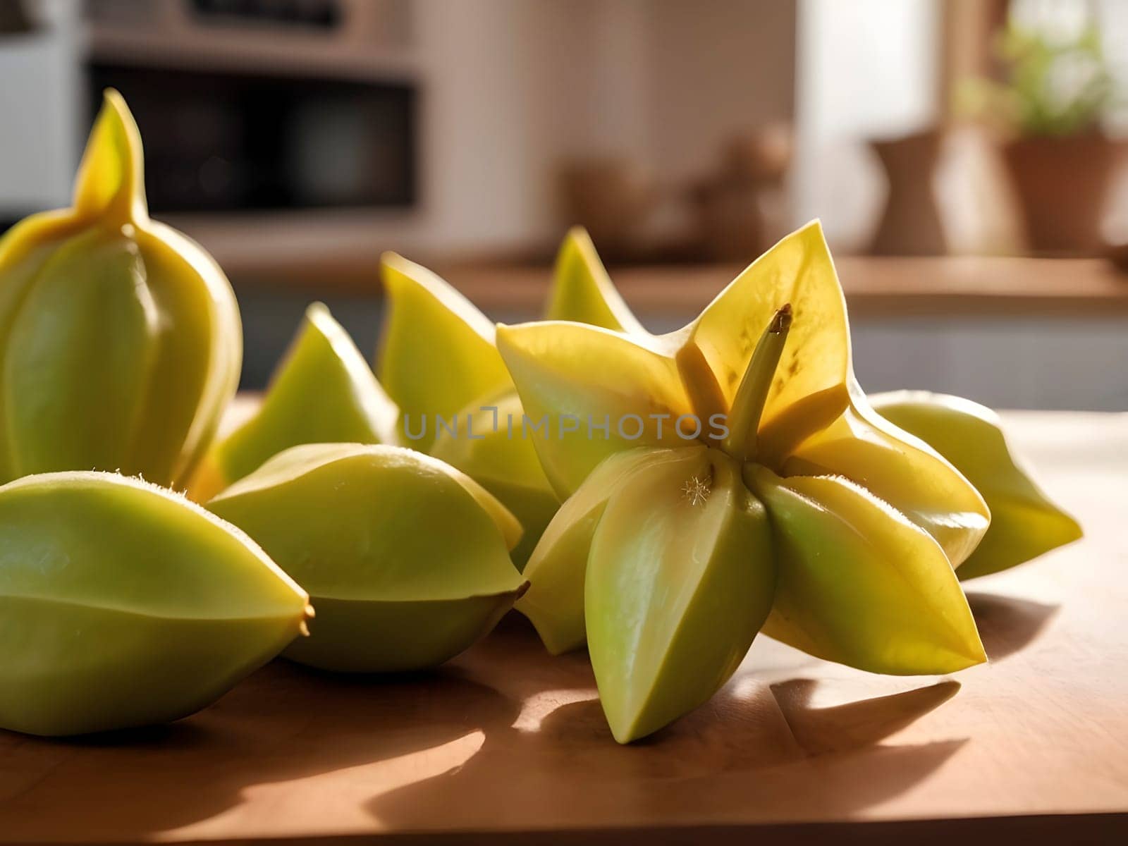A Culinary Oasis: Star Fruit Bathed in Afternoon Light against a Blurry Kitchen Backdrop by mailos