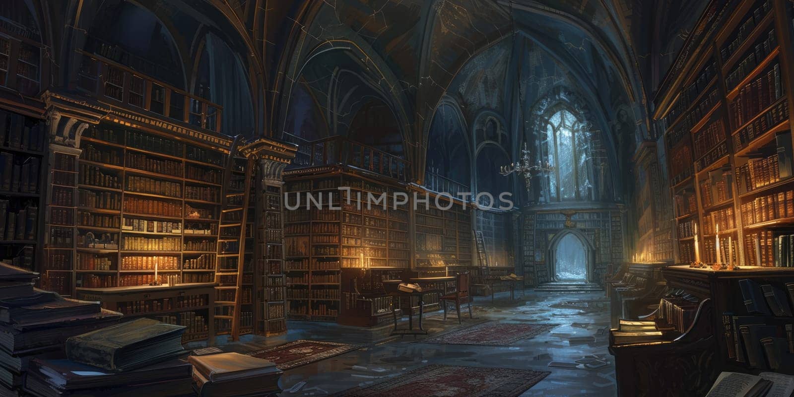 An ancient library with towering bookshelves, hidden alcoves. Resplendent. by biancoblue