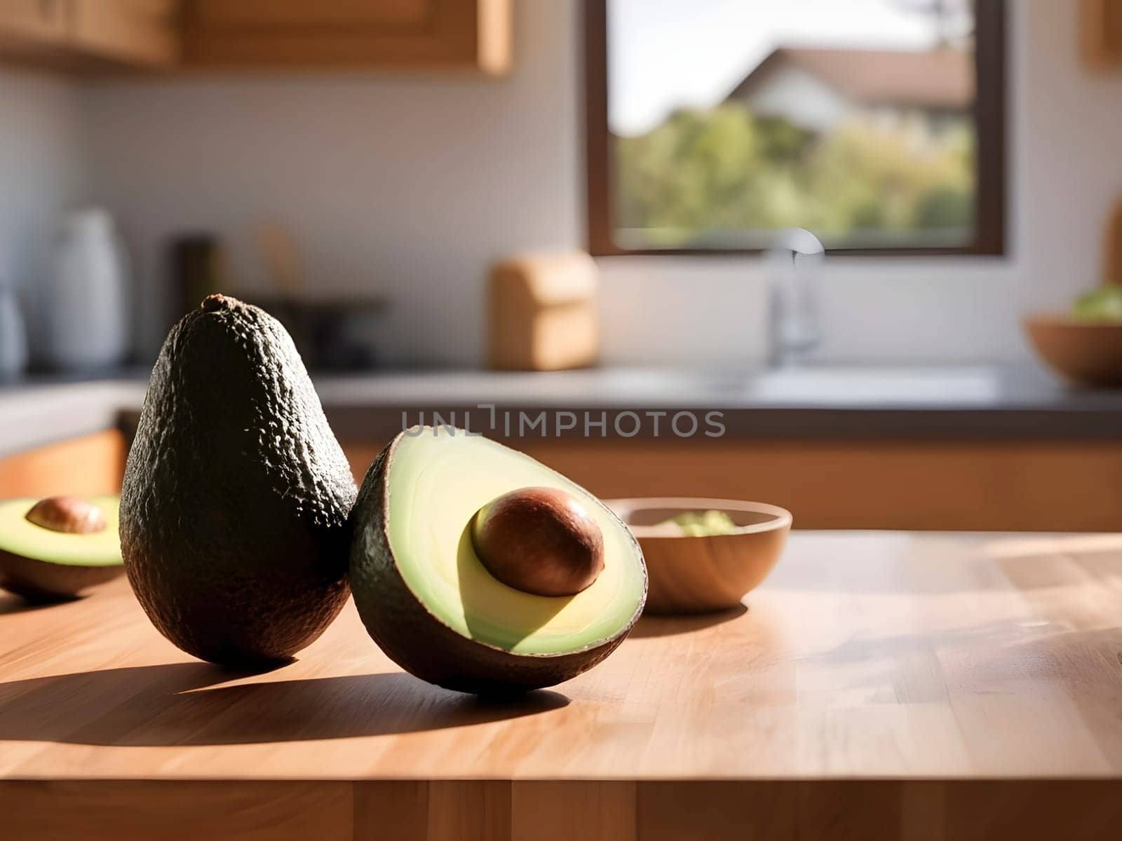 Glowing Afternoon: Aesthetic Avocado on Wooden Board in Soft Kitchen Light.