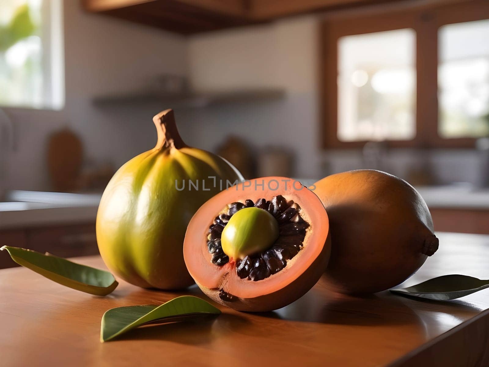 Fruitful Ambiance: Sapote Spotlight in a Cozy Kitchen Bathed in Afternoon Glow.