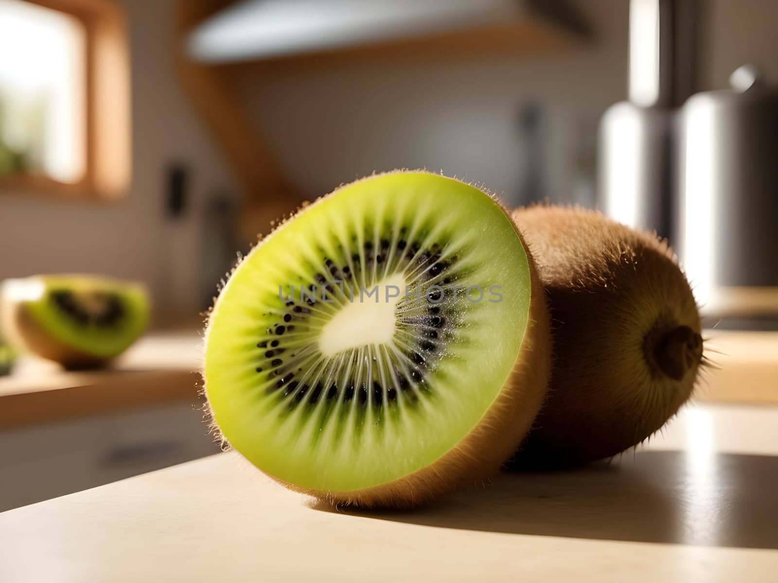 Kitchen Elegance: Kiwi Radiance Amidst a Softly Lit Afternoon Atmosphere.